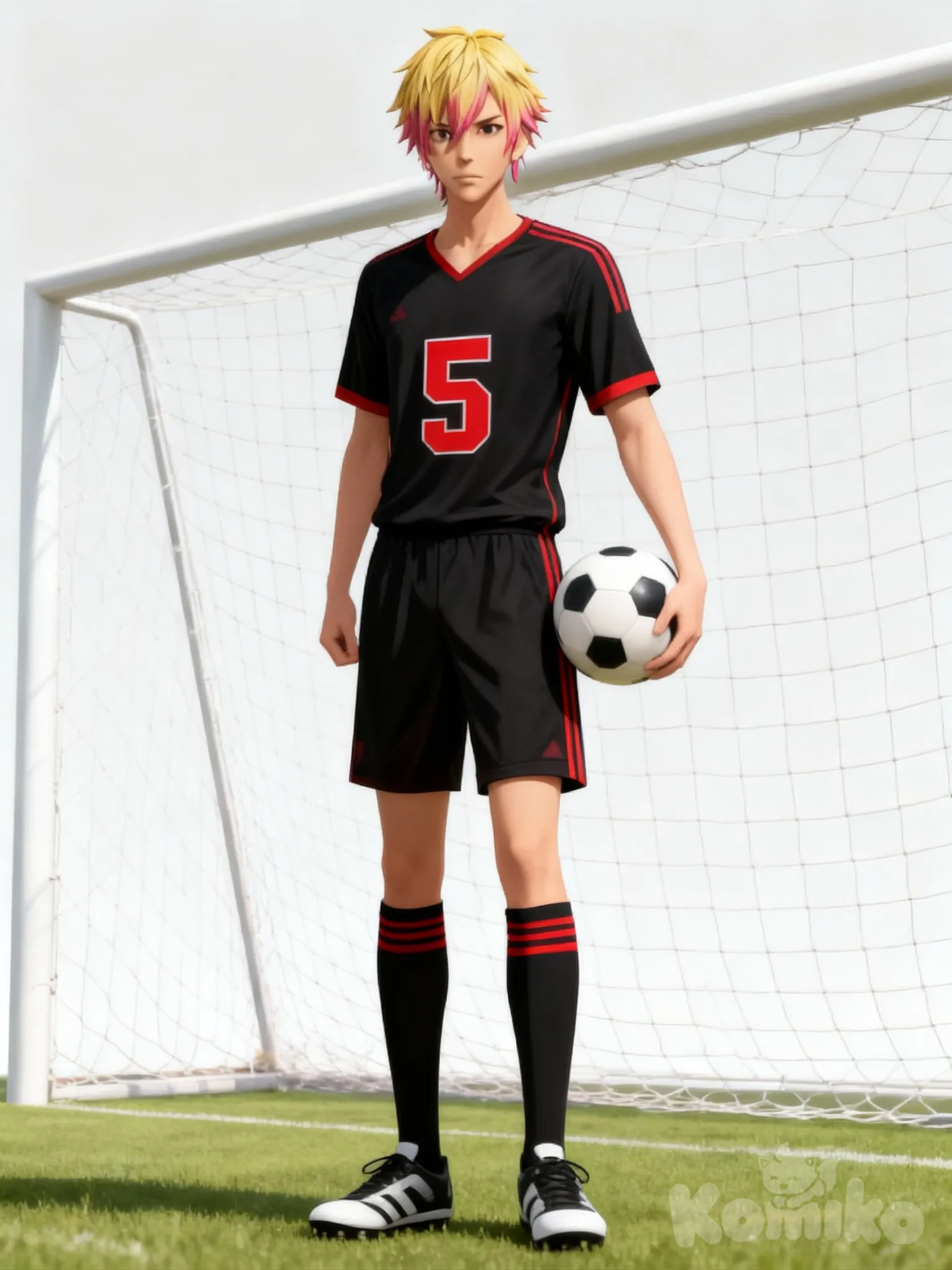@ryu-geki-hashimoto-pGS5 no earrings, black soccer jersey with a red number 5, black soccer shorts, black soccer socks with red stripes, backk and white soccer cleats, standing in front of a soccer goal, holding a soccer ball.