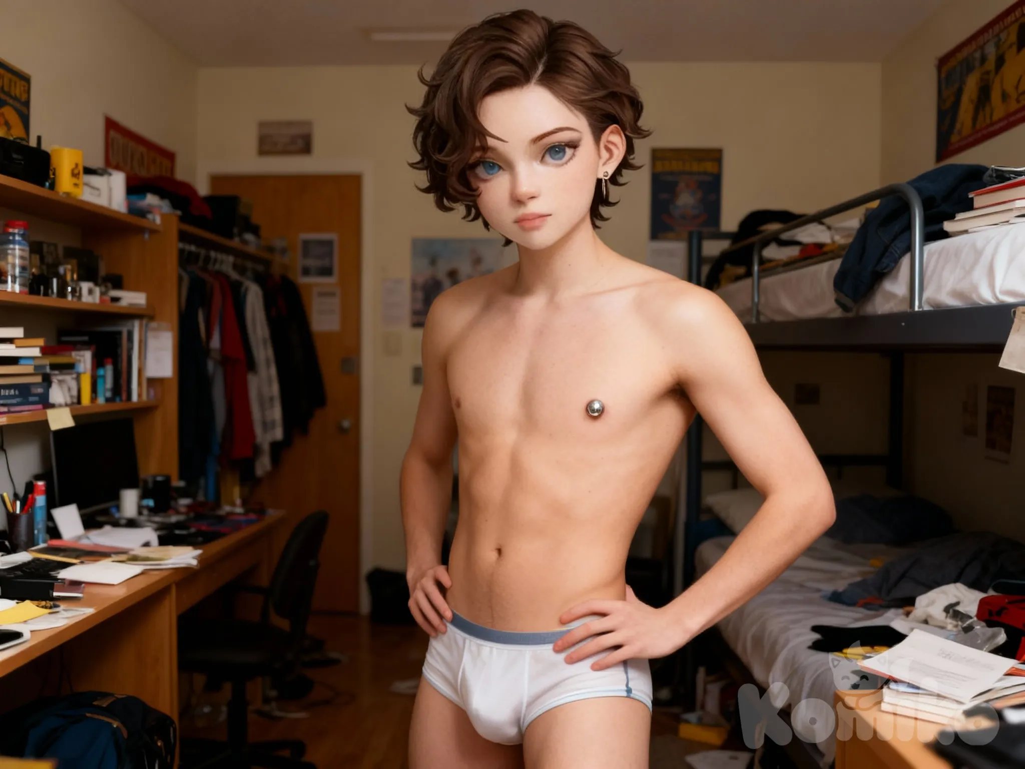 @justin-morgan-bosworth-rM94, shirtless, with a right nipple ring, wearing a pair of tighty-whities, dorm room.