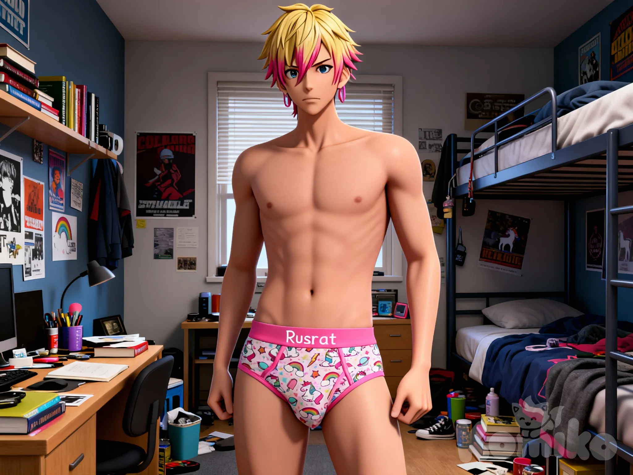 @ryu-geki-hashimoto-pGS5, shirtless, wearing a pair of Pink Unicorn Briefs, dorm room.
