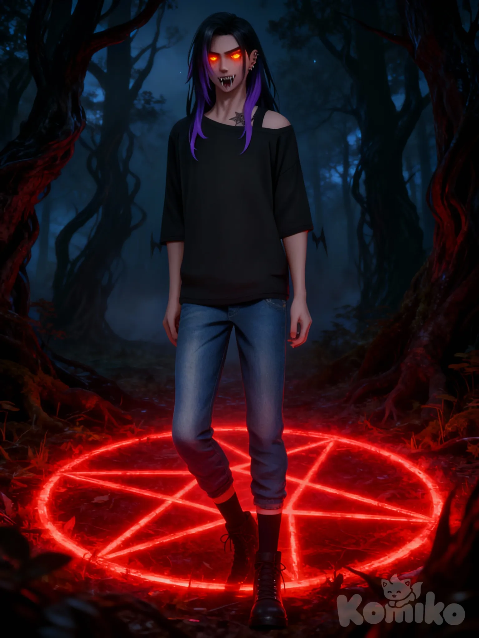 @david-franklin-basilisk-manson-lKsb, standing inside a pentagram, looking demonic, in a dark forest.