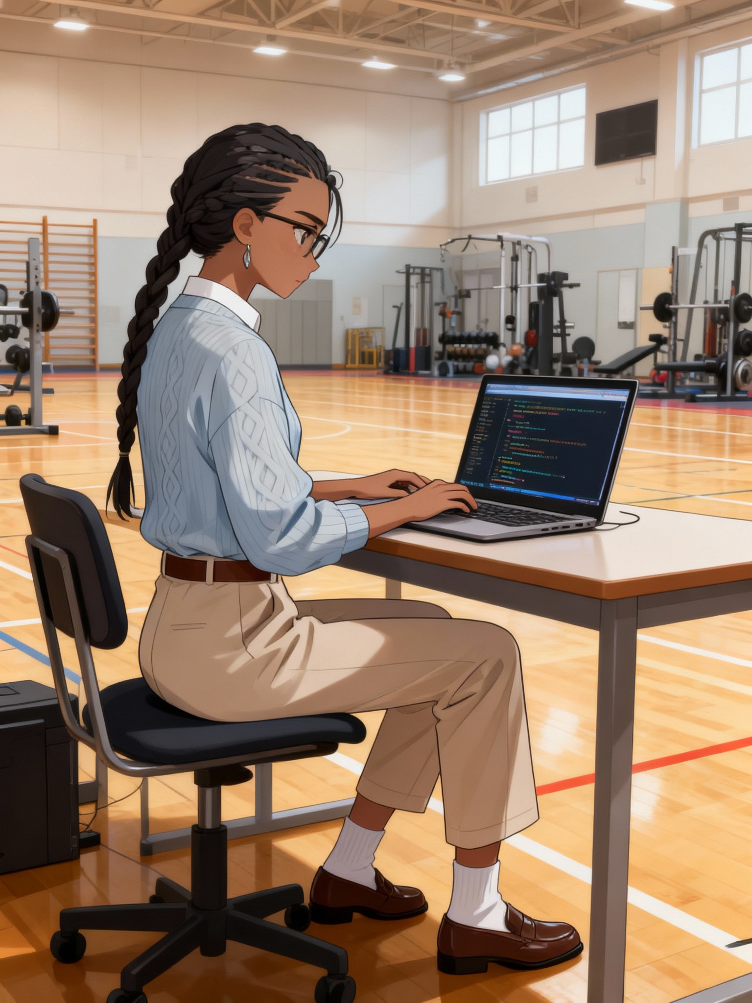 @sebastian-jerrick-nyanchoka-zujP, Sitting at a desk, typing on a Laptop doing Robotic coding, gymnasium