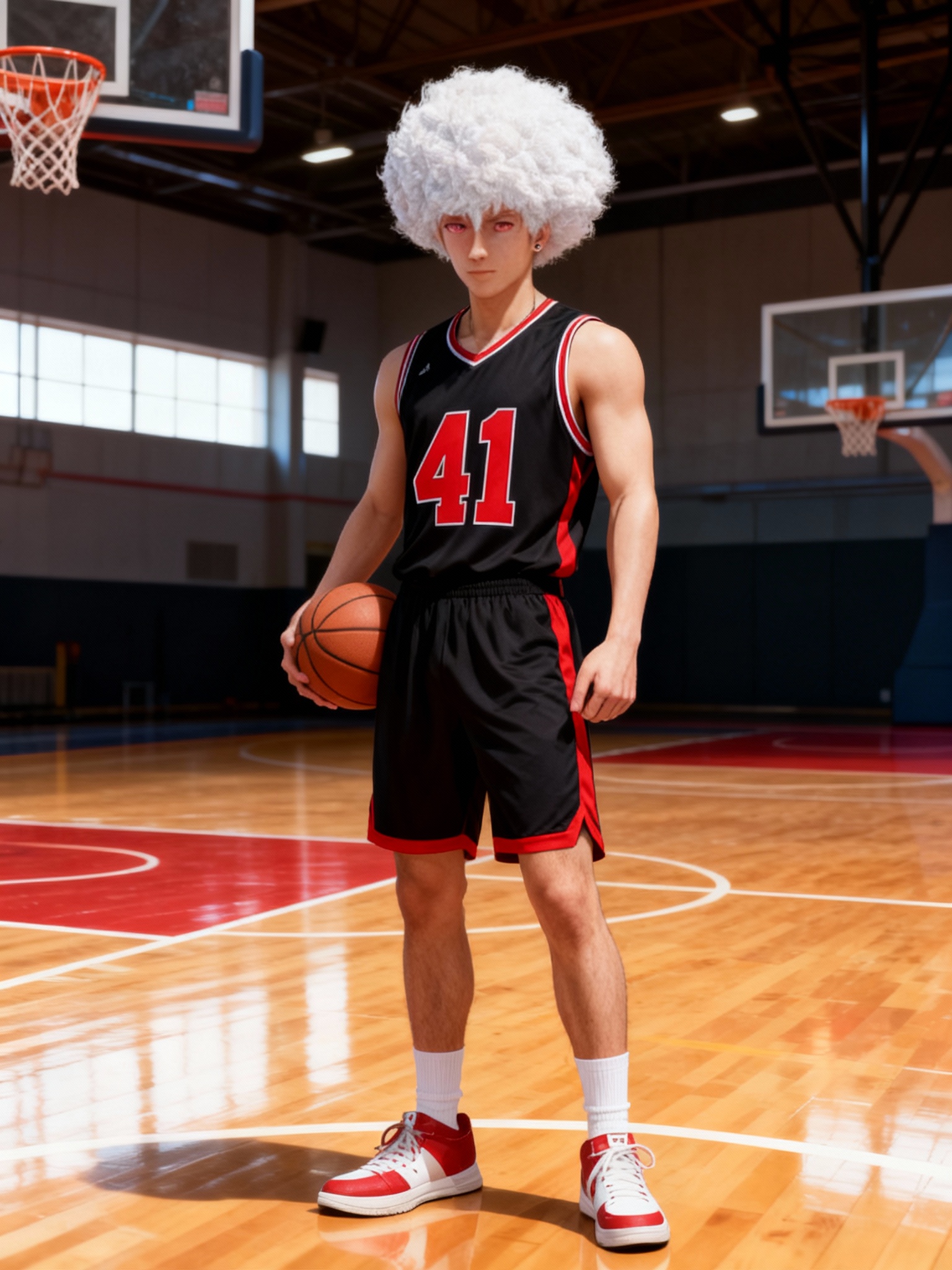 @tyrone-jarren-ty-black-LTlJ, wearing a black basketball jersey with a red number 41, black basketball shorts with red accents, holding a basketball, indoor basketball court