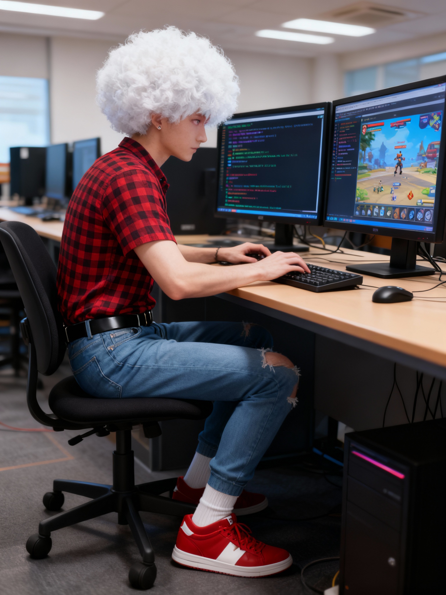 @tyrone-jarren-ty-black-LTlJ, sitting at desk, typing on a computer doing game coding, computer lab