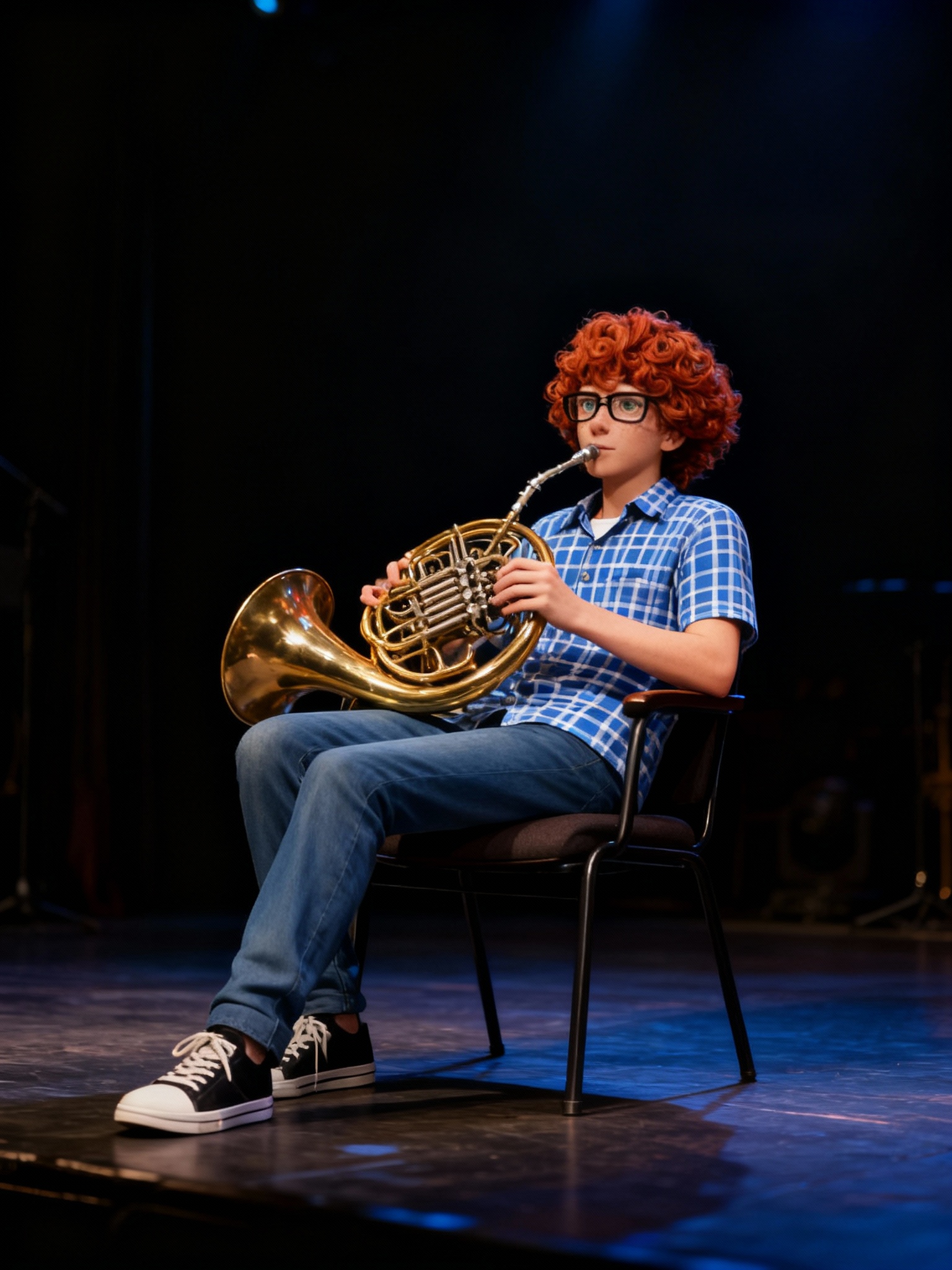 @daniel-edward-danny-shelton-snUy, sitting in a chair holding a French Horn, stage
