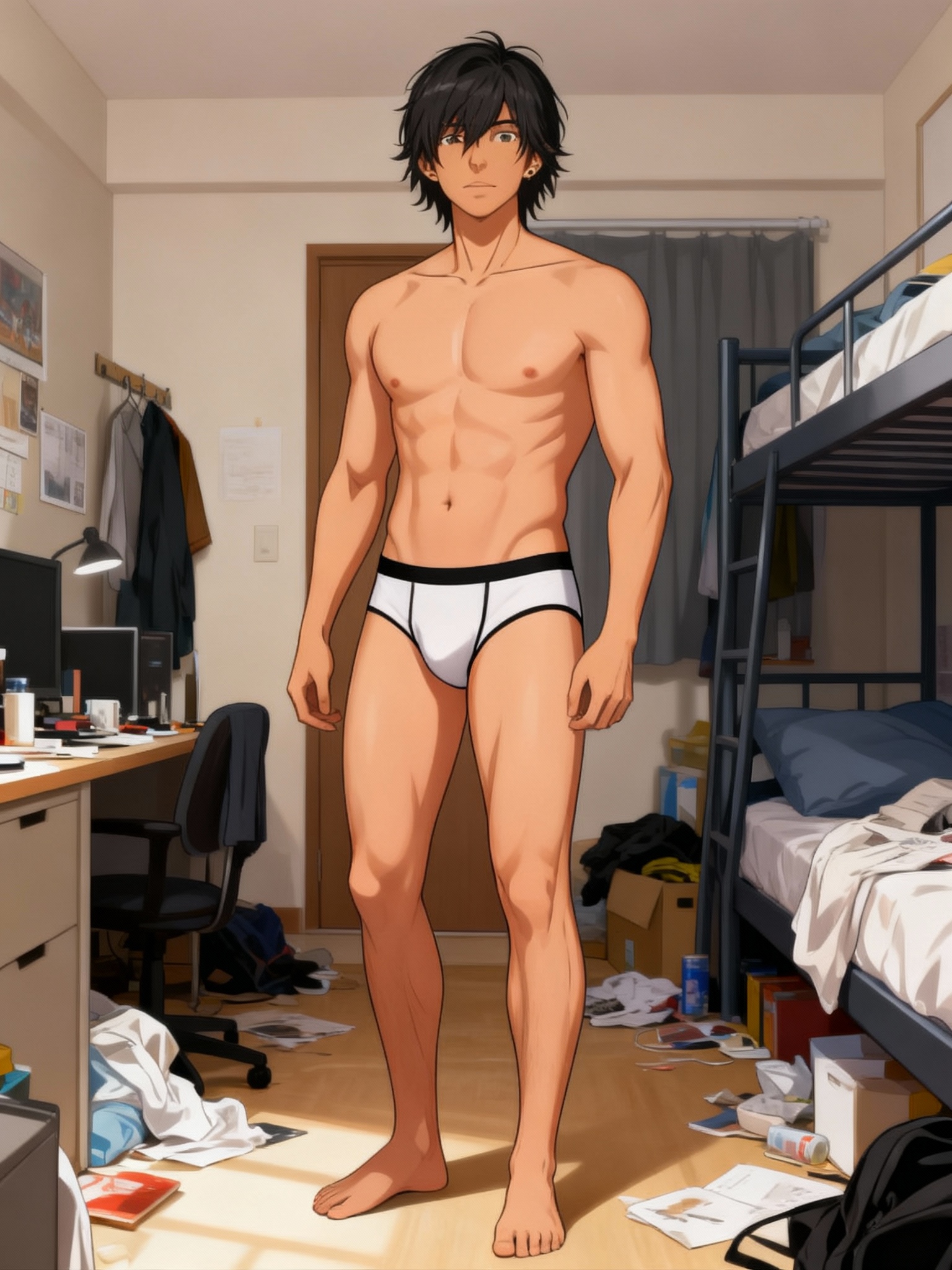 @robert-george-robby-kiperman-MO9F, no beanie, no skateboard, no socks, no shoes, shirtless, wearing a pair of Tighty-Whities with a black waistband and black trimming, dorm room