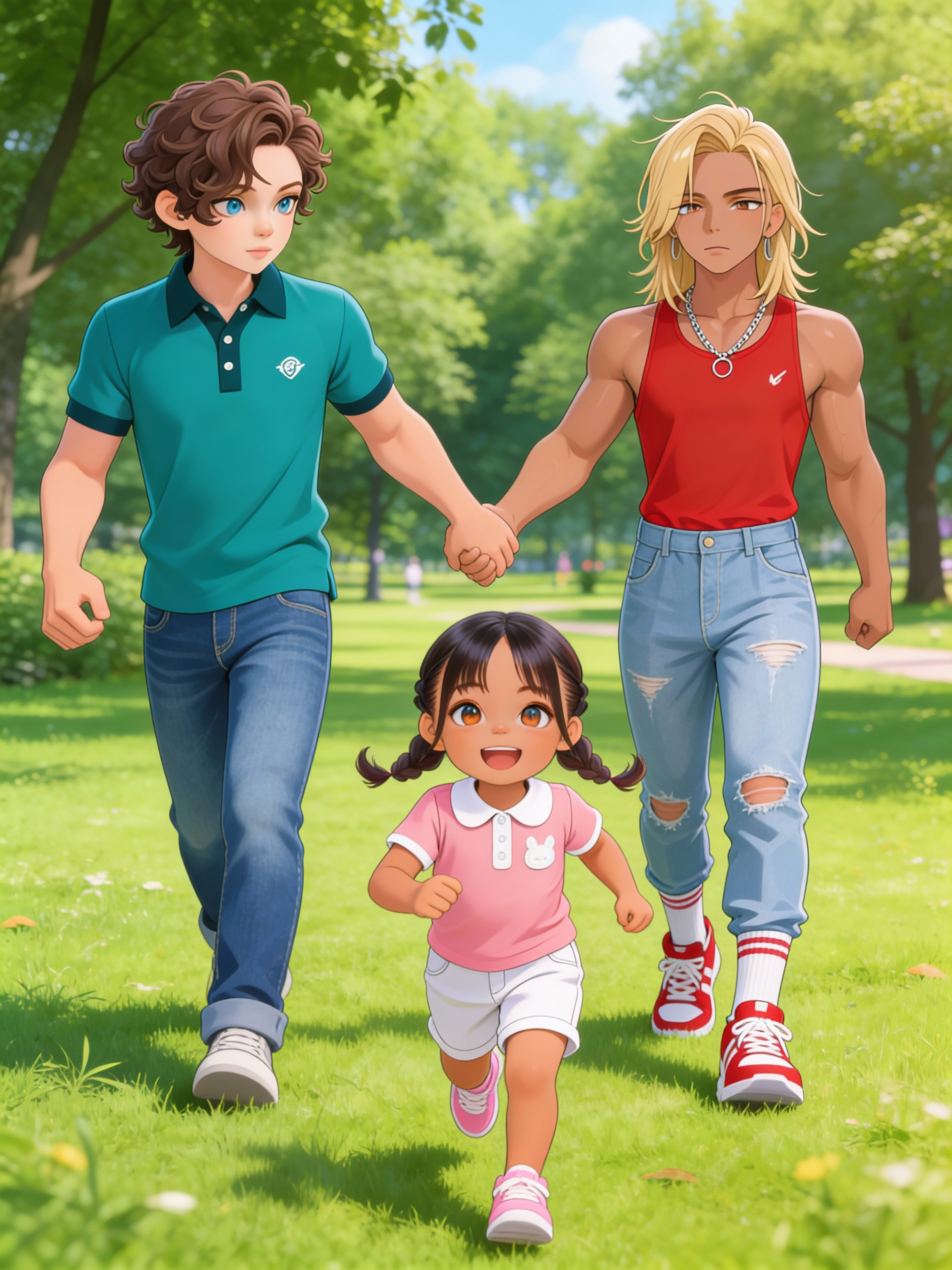 Justin and Justice, holding hands, Suzy running