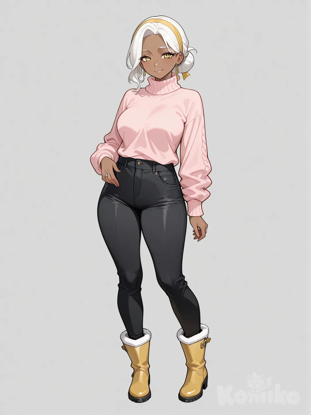 @sarah-LQF8 , aged up, late 30 year old, bum hairstyle with light yellow hair bend on, light pink sweater, black pant, winter boot, gold wedding ring