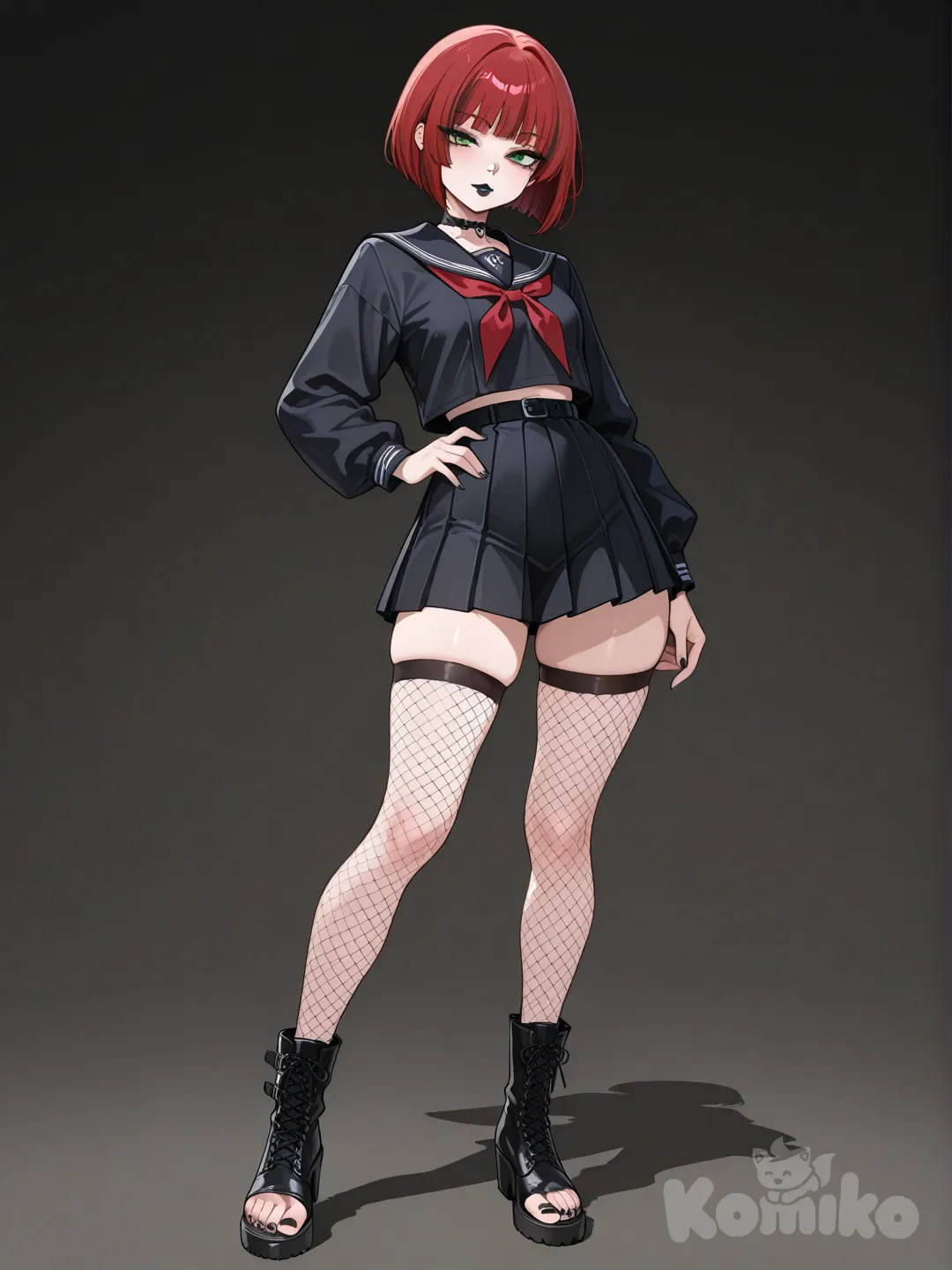 18+, peliroja de ojos verdes de cabello corto y pechos pequeños parada con medias de red y los dedos de los pies pintados de negro, los labios pintados de negro, se ven sus pies y cuerpo completo y posando sexy con botas negras corte de cabello estilo bob, school uniform