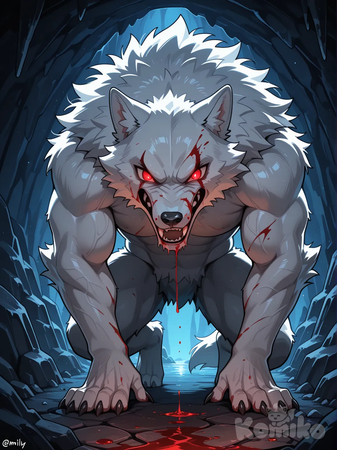 Anime style, Animal wolf, giant white wolf, furious, glowing red eyes, terrifying aura, blood on its snout, inside a cave.