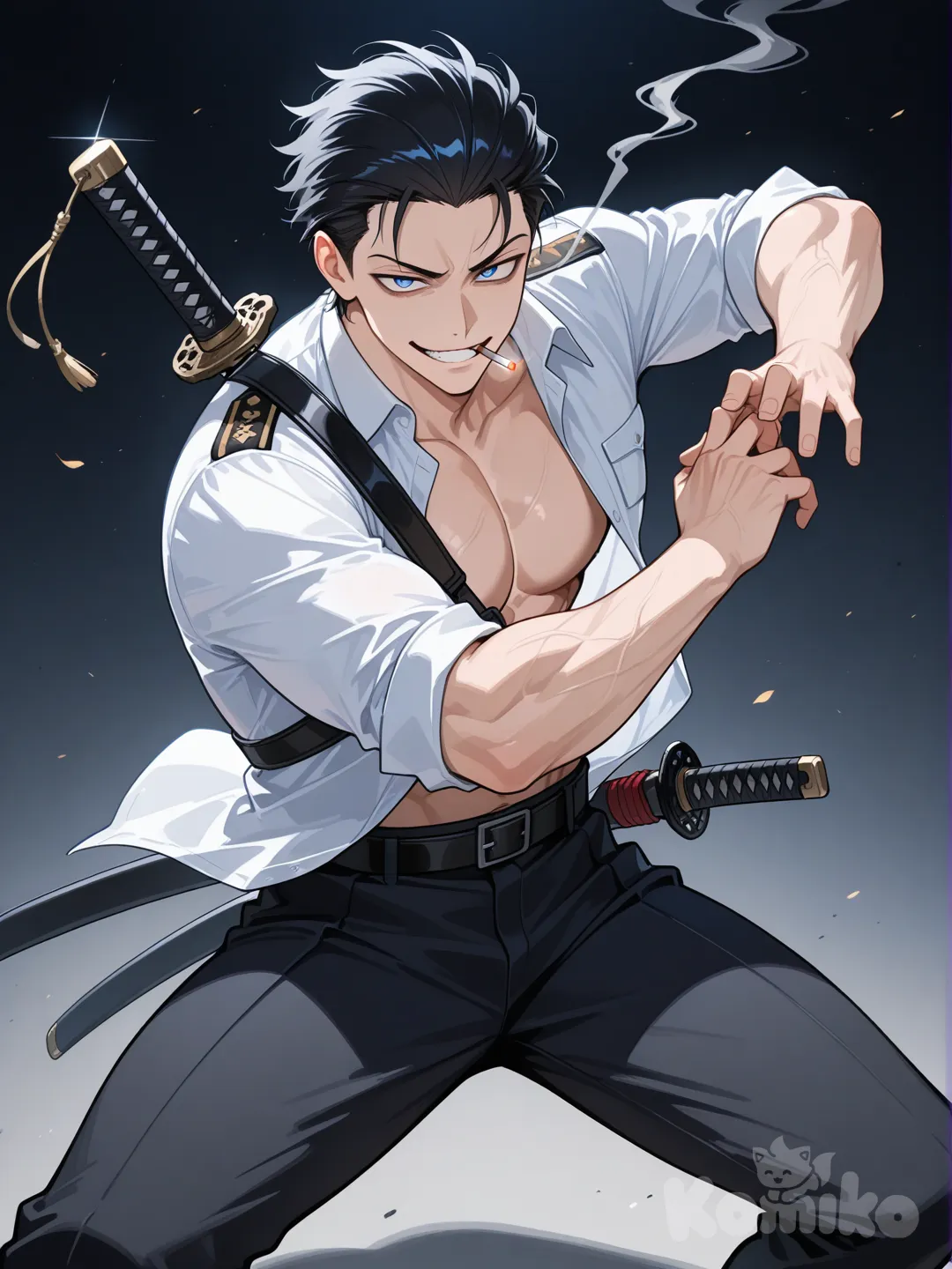 score_9, score_8_up, score_7_up,source_anime,BREAK, 
Man, military pants, white shirt, muscular, smoking, Short black hair, blue eyes, Open shirt, slicked back Hair, Smiling, in an attack stance with a katana held on his back, Psychopath face, psychopath smile, He only has one katana, he carries the katana on his back