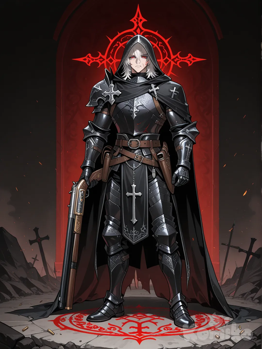 Tall, strong man, with defined features, medium white hair, and red eyes, Dark fantasy demon hunter armor, matte black metal plates with engraved holy runes, hooded cloak integrated into the armor, deep black fabric with subtle embroidered sigils, reinforced chest plate with a soft glowing golden cross at the center, multiple hanging relics, rosaries and silver crosses attached to belts and straps, leather pouches and ammunition holsters, asymmetrical armor design, armored gauntlets and greaves, worn battle damage, scratches and dust, Light shotgun