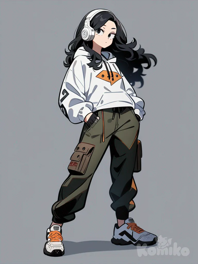 1girl, My Hero Academia style, original character, teenager, athletic, black hair, long hair, wavy hair, black eyes, fair skin, hoodie, cargo pants, headphones, fingerless bike gloves, single character, full body, looking at viewer, anime style, simple background, white background