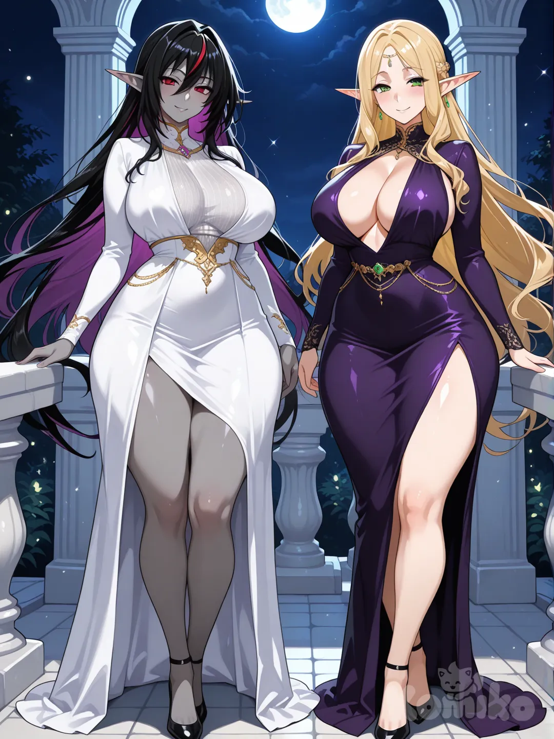 A full-body anime fantasy illustration in the High School DxD art style, featuring two mature elf women standing side by side under a moonlit night sky with soft glowing stars and faint magical particles in the background.
High Elf Woman:
A tall, elegant mature elf with fair radiant skin and long pointed ears. She has flowing golden-blonde hair reaching her lower back, softly shining in the moonlight, and large expressive emerald green eyes typical of High School DxD anime style. Her body is mature and feminine, with a well-defined waist, full hips, and gently curving thighs—voluptuous yet elegant. She wears a simple classic waifu dress, white with gold trim, fitted at the waist and flowing smoothly to mid-thigh with soft fabric folds. Her posture is graceful, hands relaxed, and she smiles warmly with a gentle, caring expression.
Dark Elf Woman:
Standing beside her is a confident dark elf MILF, with smooth deep violet-gray skin, sharp long ears, and long midnight-black hair with subtle purple shine. Her eyes glow a soft crimson red, large and glossy in High School DxD style. Her body is clearly mature and curvy, with a fuller bust, rounded hips, thick thighs, and a strong feminine silhouette. She wears a simple elegant dark dress in black and purple, snug at the waist and hips but tasteful, with long sleeves and a short skirt. Her stance is confident, one hip slightly tilted, and she smiles warmly with a calm, alluring presence.
Both characters are clearly distinct in race and design, standing close together as companions.
Lighting & Mood: Soft moonlight, subtle glow highlights on skin and hair, romantic night atmosphere, calm and warm feeling.
Style: High School DxD anime style, bold clean linework, vibrant colors, glossy eyes, mature waifu proportions, full-body view, elegant and sensual but non-explicit, ultra-high resolution.