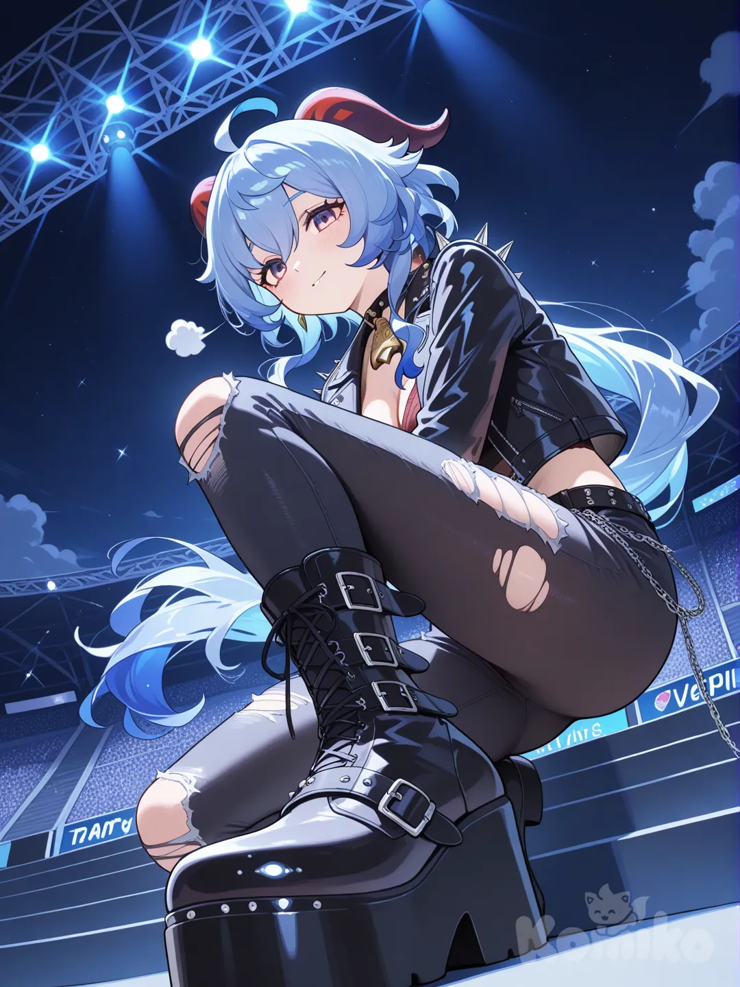 @Ganyu_(Genshin_Impact) punk, punk leather jacket, from below, stadium