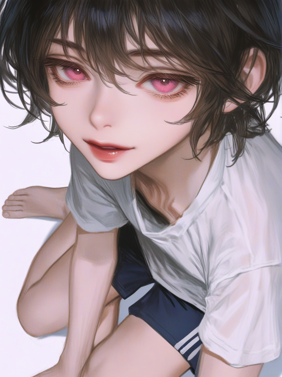 [semi-realistic-portrait-style] 1girl, realistic, child, petite, black hair, short hair, pink eyes, fair skin, t-shirt, beach shorts, single character, full body, looking at viewer, simple background, white background