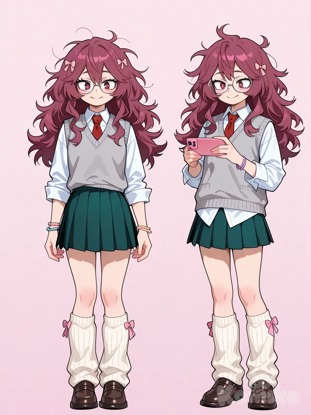 1girl, pastel colors, anime coloring, teenager,18 years old, slim, short, My Hero Academia style, original character in the world of My Hero Academia, red hair, pink hair, maroon hair, straight hair, long hair, frizzy hair,Messy hair,Messy bangs, side-parted hair, wavy hair, red eyes, pink eyes, fair skin, white button up,Long sleeve gray suit vest,Dark green skirt , knee-high socks, glasses, bow, red tie, leg warmers, bracelets., looking at phone, smile.