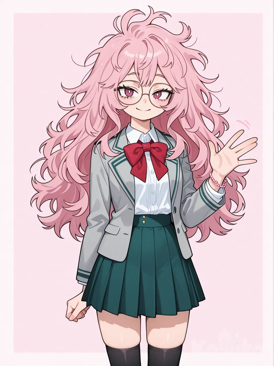 1girl, pastel colors, anime coloring, teenager,18 years old, slim, short, My Hero Academia style, original character in the world of My Hero Academia, red hair, pink hair, maroon hair, straight hair, long hair, frizzy hair,Messy hair,Messy bangs, side-parted hair, wavy hair, red eyes, pink eyes, fair skin, white button up,Long sleeve gray suit button up,Dark green skirt , knee-high socks, glasses, bow, red tie, leg warmers, bracelets , smile, waving.