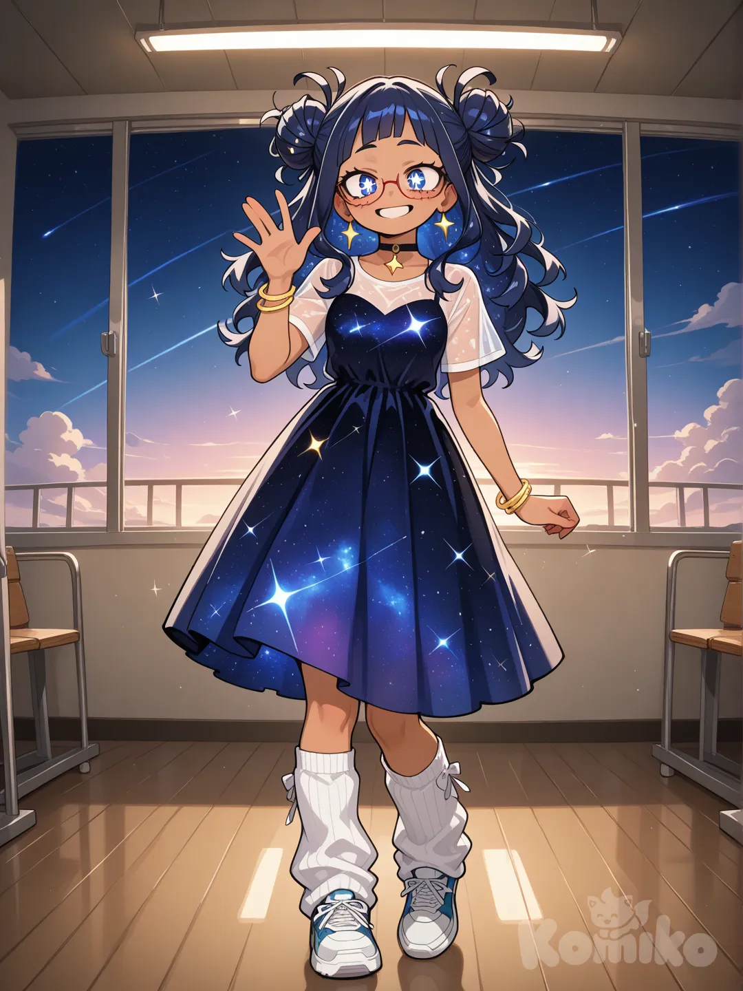 1girl, my hero academia style, original character, teenager, slim, short, kinda curvy, dark galaxy hair,dark blue galaxy hair ,Sparkle hair,side-part, long hair, frizzy hair, curly hair, messy hair, messy bangs, bun, galaxy eyes, sparkling eyes, glowing eyes, star-shaped pupils, tan skin, Galaxy space themed dress,Lone dress with see though sleeves, Star earrings, Star necklace, choker, glasses, bracelet, Leg warmers, single character, full body, looking at viewer, anime style, simple background, waving, smile,Full body, in prom, sparkle, twilight, night, neon lights, ambient light, gym, gradient background, clean background.