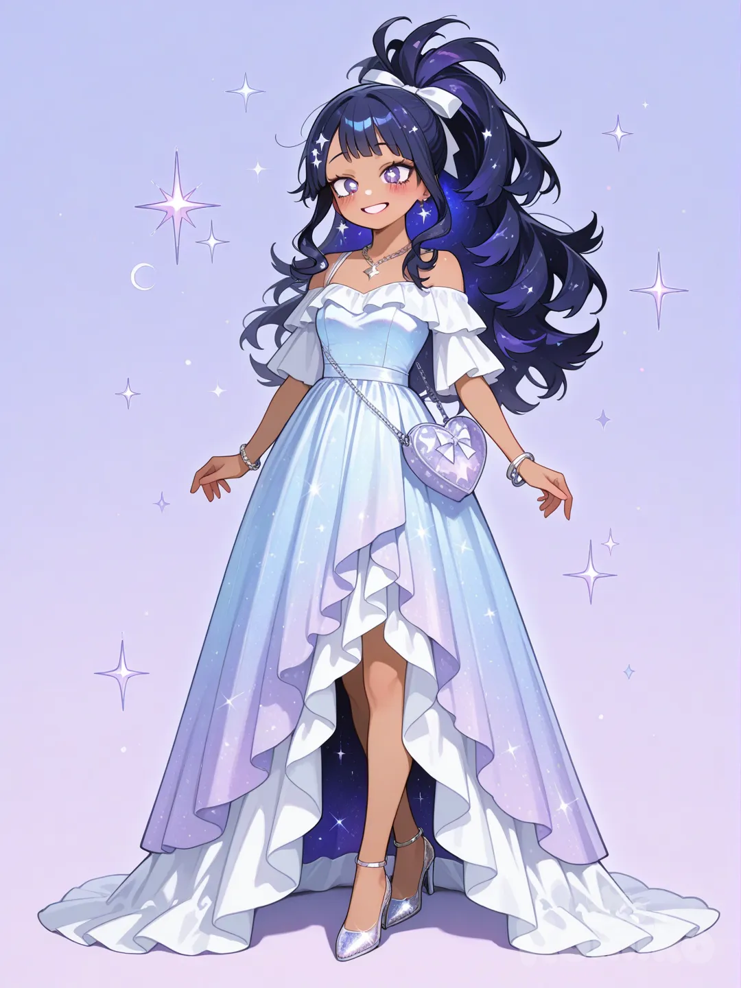 My Hero Academia style, original character in the world of My Hero Academia, teenager,Age 17 years old, slim, short,Kinda curvy,Dark galaxy blue hair,Sparkle hair, Comic hair, Glowing hair,Big puffy hair, curly hair,Messy hair,Messy ponytail,Puffy ponytail , purple eyes, Sparkle eyes, Glowing eyes , tan skin,Puffy fluffy hair ,U.A. Prom,Got it! No bunny theme at all — just a **cute, pretty prom outfit** that fits Hoshi Uchu’s cosmic vibe and her personality. Here’s a clean, cute, galaxy-inspired prom look without any bunny elements:
---
# 🌌💖 **Hoshi Uchu – Cute Prom Outfit (No Bunny)**
## **Dress Style**
### **Silhouette**
* A *Long dress
* Flowy, soft, and lightweight — super cute and easy to dance in
* Slight **A-line shape** to make her look sweet and youthful
---
## **Top**
* **Heart-shaped bodice** that’s sparkly but soft-looking
* Uses shimmering fabric that looks like tiny stars
* Thin, delicate straps or soft off-shoulder sleeves made of chiffon
---
## **Color Palette**
* **Lavender + pastel blue + soft white**
* Gradient effect that feels magical but not too dramatic
* Specks of silver “stardust” glitter across the fabric
---
## **Skirt**
* Fluffy layered tulle skirt
* Layers blend from lavender → blue → white
* Each layer has tiny silver sparkles
* When she moves, the skirt looks like a soft glowing cloud
---
## **Accessories**
### **Jewelry**
* Small **silver star-shaped necklace**
* Matching **star or moon earrings**, small and cute
* A soft, thin silver bracelet
### **Bag**
* A tiny pastel lavender purse with a little star charm
---
## **Shoes**
* Cute **low heels or sparkly flats**
* Color: silver or pastel lavender
* Soft glitter effect
* Cute and comfortable — not dramatic
---
## **Hair**
Two options depending on the vibe you want:
### **Option A: Cute + Soft**
* Half-up half-down hairstyle
* Soft curls
* Tiny glittery star clips on one side
### **Option B: Elegant + Sweet**
* A loose ponytail with curled ends
* A small lavender ribbon tied around the hair tie
---
## **Makeup**
* Soft pastel eyeshadow (lavender + light sparkle)
* Pink glossy lips
* Light blush to make her look extra adorable
* Small highlighter on the nose + cheeks for a cute glow
---
## **Overall Vibe**
Sweet • Magical • Cute
A soft galaxy-princess look **without** any animal themes — perfect for a happy, pretty prom night.
---