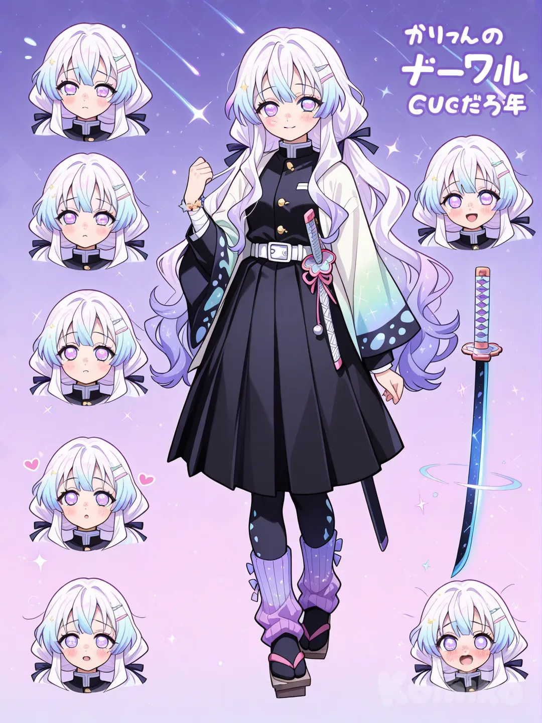 1girl, Demon Slayer style, original character in the world of Demon Slayer, teenager,14 years old, slim, short, fair skin.

Hair:
Ekuri wears her extremely long, wavy hair in a low ponytail at the nape of her neck. Her hair has a glowing pastel gradient—white at the roots fading into cyan, blue, lavender, and magenta at the ends. The strands are slightly translucent with tiny sparkles drifting inside them, giving her hair the look of a flowing comet tail made of light. A soft, glowing ribbon ties the ponytail, and the hair moves like liquid starlight when she walks or fights.

Eyes:
Ekuri has large, soft, expressive eyes that look both playful and shy. Her irises are pastel lavender with a faint cyan glow near the pupil and a magenta outer ring, sprinkled with tiny white star-like flecks. They shimmer gently like starlight, brightening when she’s excited and softening when she’s shy.

Face:
Ekuri has a soft, heart-shaped face with a gentle blush and tiny stardust freckles. Her most distinct feature is the cute red eye bags under her eyes, giving her a dreamy, shy, and slightly tired charm. Combined with her expressive, celestial eyes, her face looks sweet, youthful, and quietly playful.

Uniform:
Ekuri’s Demon Slayer uniform features a long, ankle-length skirt that flows and sways like a soft comet tail. Her sleeves are long and slightly oversized with wavy cuffs that ripple when she moves. The uniform is dark navy-black with subtle pastel stitching and small star-shaped buttons, giving it a gentle, celestial touch.

Geta, Leg warmers, Leggings under:
Ekuri wears long navy-black leggings under her skirt for warmth and modesty. Over them, she has cute pastel magenta-to-lavender leg warmers with a soft, sparkly glow. Her pale, quiet-step geta have pastel lavender and cyan straps, giving her a gentle, celestial look.

Weapon:
Ekuri uses a special Nichirin whip-blade that looks like a katana but extends into a flexible, segmented blade. It glows in a pastel comet gradient and leaves light trails when swung. The handle is lavender with a crescent-shaped guard, and the weapon creates elegant, flowing attacks like a comet tail.

accessories:
Comet hair clip with a pastel tail, worn in her bangs

Star-charm bracelet with small pastel stars and moons

Lavender ribbon choker with a tiny star bead

Mini nebula pouch for small items

Pastel arm wraps with subtle sparkle

Soft ribbon tied around her low ponytail

Comet charm hanging from her sword handle

____________________________________
Character sheet with expressions,Weapons, etc