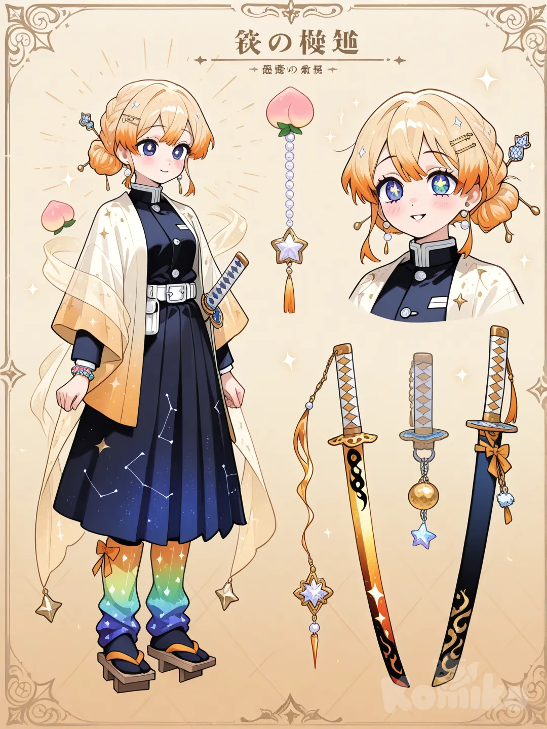 1girl, Demon Slayer style, original character in the world of young adult,age: 20 years old, slim, short, athletic, fair skin.

Face:
Round, gentle face

Big doe eyes with tiny star-shaped highlights

Soft cheeks with a natural blush

Small, cute button nose

Gives “sweetest girl alive” energy

Eyes
Deep navy blue

Tiny silver sparkles

Star-shaped highlight near the pupil

Looks like a calm night sky

Very gentle, very soothing

Hair:
Hoshi’s hair is a warm sunrise blend — soft ginger at the roots fading into peachy mid-lengths, ending in a light creamy blonde. It looks gentle and glowing, giving her a warm, celestial aura every time she moves.

Hairstyle:
Hoshi wears her hair in a soft crown braid that wraps around her head , ending in a loose, fluffy bun at the back. A few peach-blonde strands frame her face, and a tiny star pin rests where the braid meets the bun, giving her a warm, celestial look.

Uniform:
Hoshi wears a cosmic-themed Demon Slayer uniform with a soft, celestial vibe. Her top is a fitted midnight-navy jacket lined with pale star-silver, paired with a flowing skirt that has a faint galaxy sheen. She wears light, aurora-gradient legwarmers over her geta, giving her a dreamy, healer-like silhouette.

Over this, she drapes a light star-woven winter shawl, translucent and glowing softly like stardust, fluttering behind her when she moves. Her accessories include moon-metal hairpins and tiny charm bells shaped like constellations, adding a gentle sparkle. Her overall look is elegant, warm, and magical—like a walking night sky.

Legwarms:
Her leg warmers are soft cream-colored and slightly slouchy, decorated with tiny peach and gold stitched stars that sparkle gently when she moves. They’re lightweight, warm, and match her cosmic, healer-themed uniform perfectly.

ACCESSORIES:
She wears a tiny gold star pin tucked into her crown braid, soft peach ribbon ties on her bun, and small pearl-drop earrings shaped like falling stars. Around her wrist is a slim peach-and-gold charm bracelet with a single star charm that jingles quietly. She keeps a small healer’s pouch at her hip, decorated with light stardust embroidery, and her geta have warm peach straps with a subtle gold shimmer.

Weapon:
blade with a warm peach-to-gold gradient along the edge, glowing like sunrise light. The guard is shaped like a small four-pointed star with soft curved tips, and the metal has a faint celestial shimmer. Her hilt is wrapped in peach and cream fabric, embroidered with tiny gold threads that look like drifting stardust. Her sheath is midnight blue with constellations stitched along it, matching her uniform. When she draws her blade, the warm colors flare like a falling star.
__________________________________
Character Sheets, expression,Weapons
