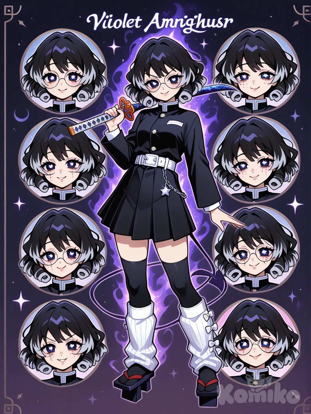 1girl, Demon Slayer style, original character in the world of Demon Slayer, teenager,age 16 years old, slim, short, fair skin.
Hair:
Color: Deep midnight black
Highlights: Scattered silver and violet shimmer, like tiny stars woven into her curls
Texture: Big, soft, voluminous curls
Style:
Either a full curly .
OR two fluffy cosmic puffs
Vibe: Magical, celestial, unique — like she carries
Eyes:
Color: Irises are deep void-black, like outer space
Pupils: Shaped like tiny white stars, sharp and bright
Effect:
Her eyes look endless and mysterious
The star pupils sparkle when she uses Cosmic Breathing
Gives her an almost celestial, otherworldly aura
Vibe: Enigmatic, cosmic, quietly powerful — like she’s carrying the night sky inside her eyes
Eyeshape:
Shape: Large, round doe eyes with a soft teary shine along the bottom, giving her a sweet and adorable expression.
Color: Deep void-black irises with bright white star-shaped pupils, making her eyes look like tiny galaxies.
Markings: Small red marks under the sides of her eyes, adding a unique, celestial-warrior look while keeping her cute.
Vibe: Gentle, emotional, cosmic, and irresistibly adorable — perfect for her style
Face:
Heart-shaped face with soft, round cheeks
Small button nose with a tiny upward tilt
Rosy, soft lips with a gentle cupid’s bow
Curved, gentle eyebrows
Tiny white freckles like stars across her cheeks
✨ Overall: Sweet, cute, and softly cosmic.
Uniform:
Base Uniform
Standard Demon Slayer dark navy-black top
Simple, fitted, and clean — no haori yet
Skirt
Pleated skirt, mid-thigh to mid-length
Deep midnight color
Silver, star-like stitching along the hem so it sparkles slightly in motion
Legwear
Black leggings or thigh-highs so the skirt stays practical for combat
Geta
Black wooden geta
Silver straps to match her cosmic theme
Silent pads added under the base so they make less noise during missions
---
✨ Overall Vibe
Cute, celestial, and functional — a cosmic-themed slayer uniform that feels unique without being a haori.
Accessories:
Accessory + Glasses Summary
She wears stacke black leg warmers, charms on her belt, and a few small metallic comet-themed trinkets that jingle softly when she moves. She also has a thin red ribbon tied around her wrist for luck. Her glasses are cute round frames with a slight cat-eye lift—dainty, flattering, and giving her a soft, sweet look without getting in the way during missions.
Weapons:
A sleek red-and-black kusarigama with:
A curved Nichirin sickle forged in a metallic red gradient.
A matching black chain that flows like a comet tail when swung.
A small silver star charm attached at the midpoint of the chain, jingling softly when she moves.
Combat style combines elegant, spinning movements with sudden, sharp strikes — perfect for her cosmic theme and sweet appearance.
__________________________________
Character sheet, expressions, Weapons, outstretched hand