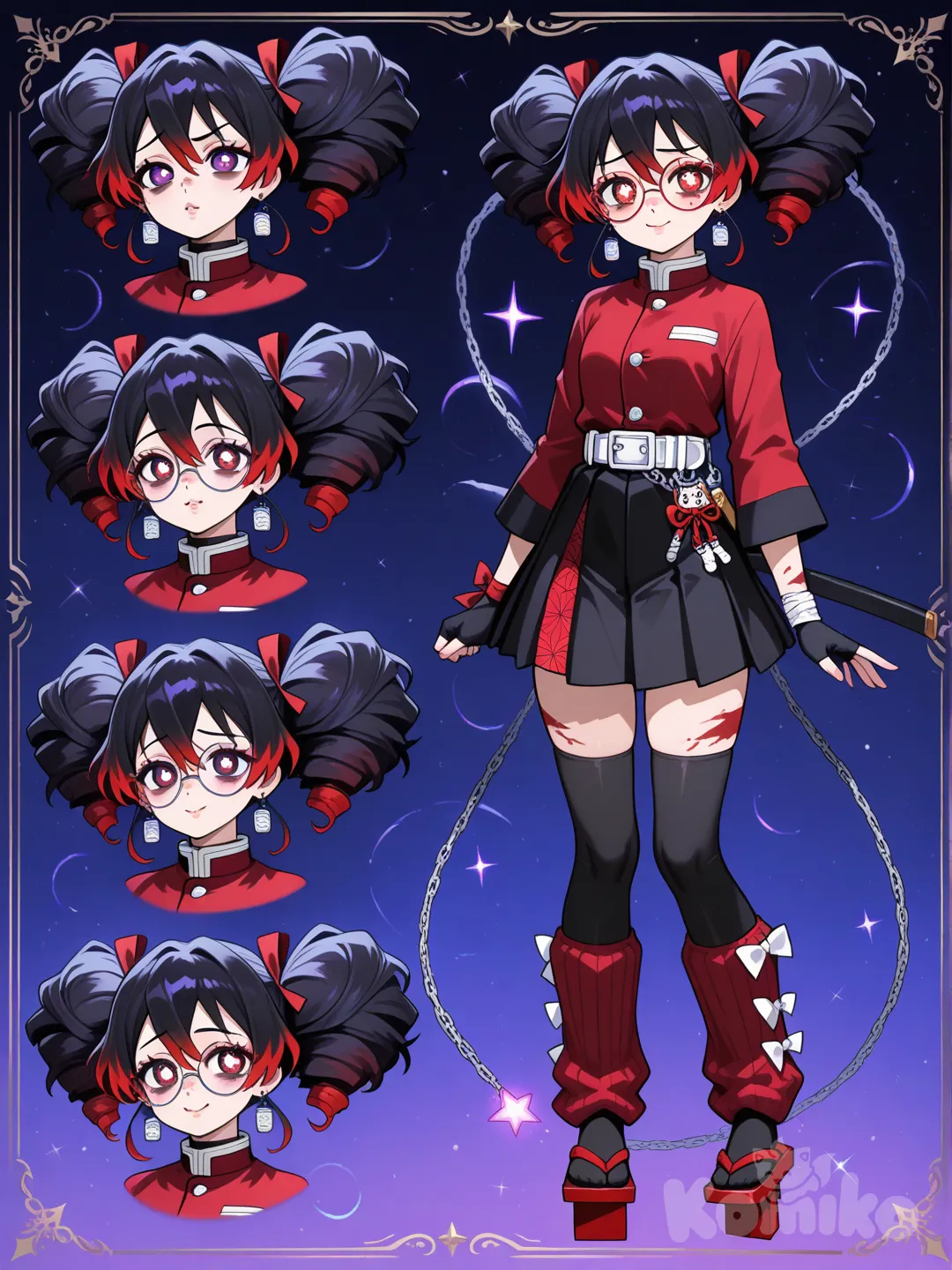 1girl, Demon Slayer style, original character in the world of Demon Slayer, teenager,age 16 years old, slim, short, fair skin.

Hair:
Color: Deep midnight black

Highlights: Scattered silver and violet shimmer, like tiny stars woven into her curls

Texture: Big, soft, voluminous curls

Style:

Either a full curly .

OR two fluffy cosmic puffs


Vibe: Magical, celestial, unique — like she carries

Eyes:
Color: Irises are deep void-black, like outer space

Pupils: Shaped like tiny white stars, sharp and bright

Effect:

Her eyes look endless and mysterious

The star pupils sparkle when she uses Cosmic Breathing

Gives her an almost celestial, otherworldly aura


Vibe: Enigmatic, cosmic, quietly powerful — like she’s carrying the night sky inside her eyes

Eyeshape:
Shape: Large, round doe eyes with a soft teary shine along the bottom, giving her a sweet and adorable expression.

Color: Deep void-black irises with bright white star-shaped pupils, making her eyes look like tiny galaxies.

Markings: Small red marks under the sides of her eyes, adding a unique, celestial-warrior look while keeping her cute.

Vibe: Gentle, emotional, cosmic, and irresistibly adorable — perfect for her style

Face:
Heart-shaped face with soft, round cheeks

Small button nose with a tiny upward tilt

Rosy, soft lips with a gentle cupid’s bow

Curved, gentle eyebrows

Tiny white freckles like stars across her cheeks


✨ Overall: Sweet, cute, and softly cosmic.

Uniform:
Base Uniform

Standard Demon Slayer dark navy-black top

Simple, fitted, and clean — no haori yet


Skirt

Pleated skirt, mid-thigh to mid-length

Deep midnight color

Silver, star-like stitching along the hem so it sparkles slightly in motion


Legwear

Black leggings or thigh-highs so the skirt stays practical for combat


Geta

Black wooden geta

Silver straps to match her cosmic theme

Silent pads added under the base so they make less noise during missions



---

✨ Overall Vibe

Cute, celestial, and functional — a cosmic-themed slayer uniform that feels unique without being a haori.

Accessories:
Accessory + Glasses Summary
She wears stacke black leg warmers, charms on her belt, and a few small metallic comet-themed trinkets that jingle softly when she moves. She also has a thin red ribbon tied around her wrist for luck. Her glasses are cute round frames with a slight cat-eye lift—dainty, flattering, and giving her a soft, sweet look without getting in the way during missions.

whose presence feels as soft and mysterious as the night sky she draws her power from. Her name, meaning “the realm beyond,” mirrors her connection to the cosmos, reflected in her elegant and otherworldly Cosmic Breathing. With sleek black hair that fades into a red, star-dusted gradient and gentle doe-shaped eyes that glow red to black, Uchiyo carries a quiet beauty that radiates warmth. The red tear-like marks at the corners of her eyes give her an almost celestial delicacy, enhancing her naturally sweet and adorable charm.

Her features are soft and youthful: a small heart-shaped face, rounded cheeks, and gentle curves that make her look approachable even in the harsh world of demon hunting. Uchiyo’s uniform blends practicality with personal style. She wears a tailored black-and-red Demon Slayer uniform with a side-slit skirt layered over fitted shorts, allowing full freedom of movement. Matching black-and-red geta keep her grounded, while her silver star earrings, fingerless gloves, and a simple black choker add subtle touches of character. She also owns a pair of round glasses that she only wears during missions that require reading, strategy, or mapwork, tucking them away before stepping onto the battlefield.

Her weapon, the Starbound Kusarigama, is a perfect extension of her fighting spirit. The red Nichirin sickle glows like a burning comet, while the black chain sweeps through the air with graceful arcs. A tiny silver star charm sits at its center, chiming softly in rhythm with her movements. Uchiyo’s combat style relies on speed and elegance—spinning, sweeping, and snapping the chain like a fragment of the universe breaking apart. Each strike of her Cosmic Breathing dances between grace and destruction.
__________________________________
Character sheet, expressions, Weapons, outstretched hand