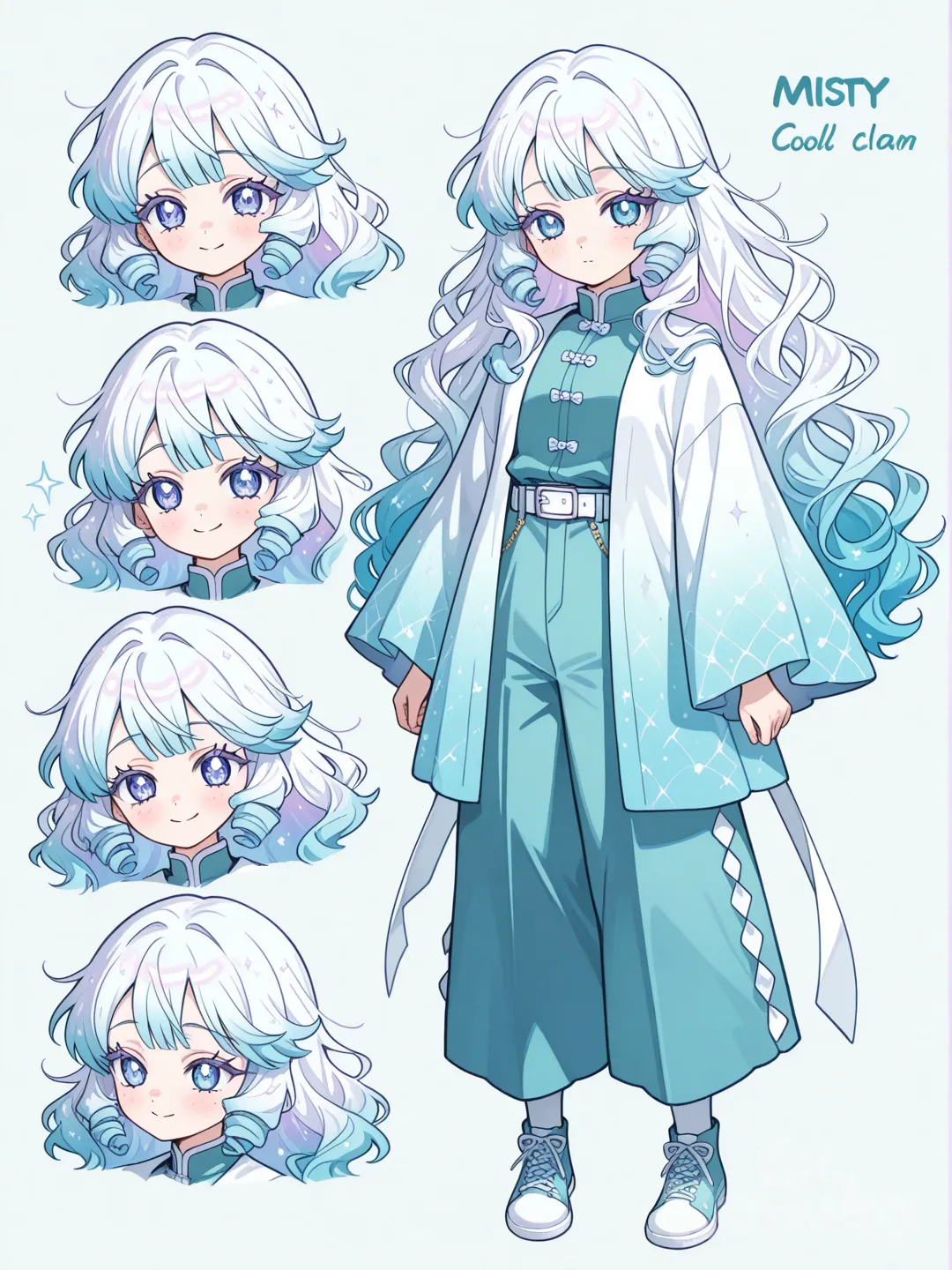 1girl, Demon Slayer style, original character in the world of Demon Slayer, mature,14 years old, Child,minor, slim, short, fair skin
Hair:
Miyuri has soft, wavy, fluffy hair that blends both parents perfectly.
Her color fades from snow-white roots → pastel lilac midsection → pale sky-blue end dark teal highlights.
The hair is silky like Muichiro’s but voluminous and sparkly like Ekuri’s, with little curls at the tips and light, misty shine.
As a baby, it’s shoulder-length and wavy with cute wispy bangs.
Eyes:
Miyuri has Muichiro-style eyes — soft, calm, and almond-shaped.
Her gaze is gentle and dreamy, with a misty, faraway look.
The color is a cool turquoise–blue gradient, just like Muichiro’s, but brighter and slightly sparkly because of Ekuri.
Her lashes are long and soft, making her eyes look serene and peaceful.
Face:
Miyuri has a perfect mix of both parents’ faces.
She has soft round cheeks like Muichiro and light pastel freckles like Ekuri.
Her features are delicate and gentle, with a small mouth and a calm baby expression.
Her overall face gives a sweet, serene, angelic look.
Uniform:
Oversized haori-style jacket
Very loose, flowy sleeves
Cool-toned colors (white, turquoise, mint)
Simpler, quieter style
Minimal accessories
A little mist-looking design at the bottom
Colder, softer aesthetic
Miyuri wears loose, comfy oversized pants with a soft flare at the bottom.
They’re in mint-blue Muichiro colors, lightweight, and easy to move in, matching her love for cozy, oversized clothing.
Colors:
Mint Blue: her main color (from Muichiro)
Soft White: secondary color for trim/details
Pastel Lilac: small accents inspired by Ekuri
Pale Sky-Blue: blended into accessories or hair clips
Her whole palette is cool, soft, pastel, and misty, matching both parents perfectly.
_______________________________
Character sheet, expressions, etc , expressionless, smile