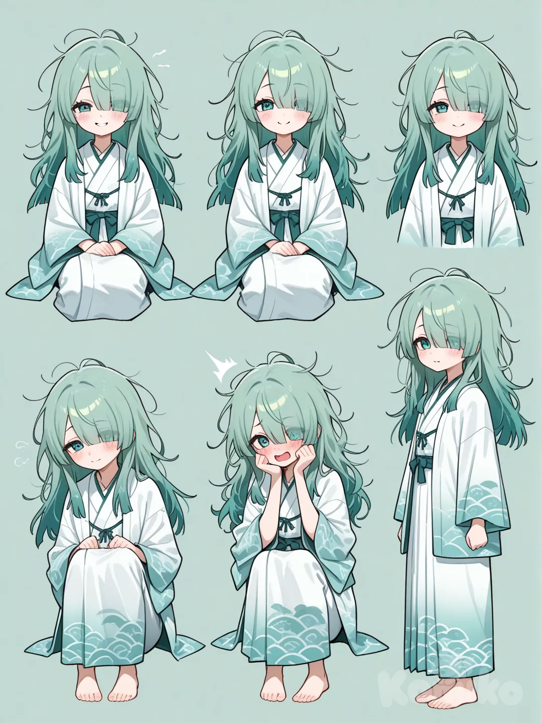 Mizuki is a soft-spoken, gentle girl with mint-green hair that fades into deep teal at the tips, always a little messy like she just woke up from a peaceful nap. Her eyes are a calm mix of teal and mossy green, giving her a dreamy, quiet look. She wears an oversized haori patterned with flowing waves and tiny earth-tone speckles, like water resting on stone. Even though she’s shy, she has the sweetest smile—rare, but warm—and she tends to hide behind her sleeves when embarrassed. Her movements are soft and floaty, but she’s surprisingly steady and strong when she needs to be. Everything about her feels calming, like cool water running over smooth pebbles, making her the type of child everyone instinctively wants to protect because she’s just that cute.

__________________________
Character sheet, expressions,full body,forward, backwards weapons, etc