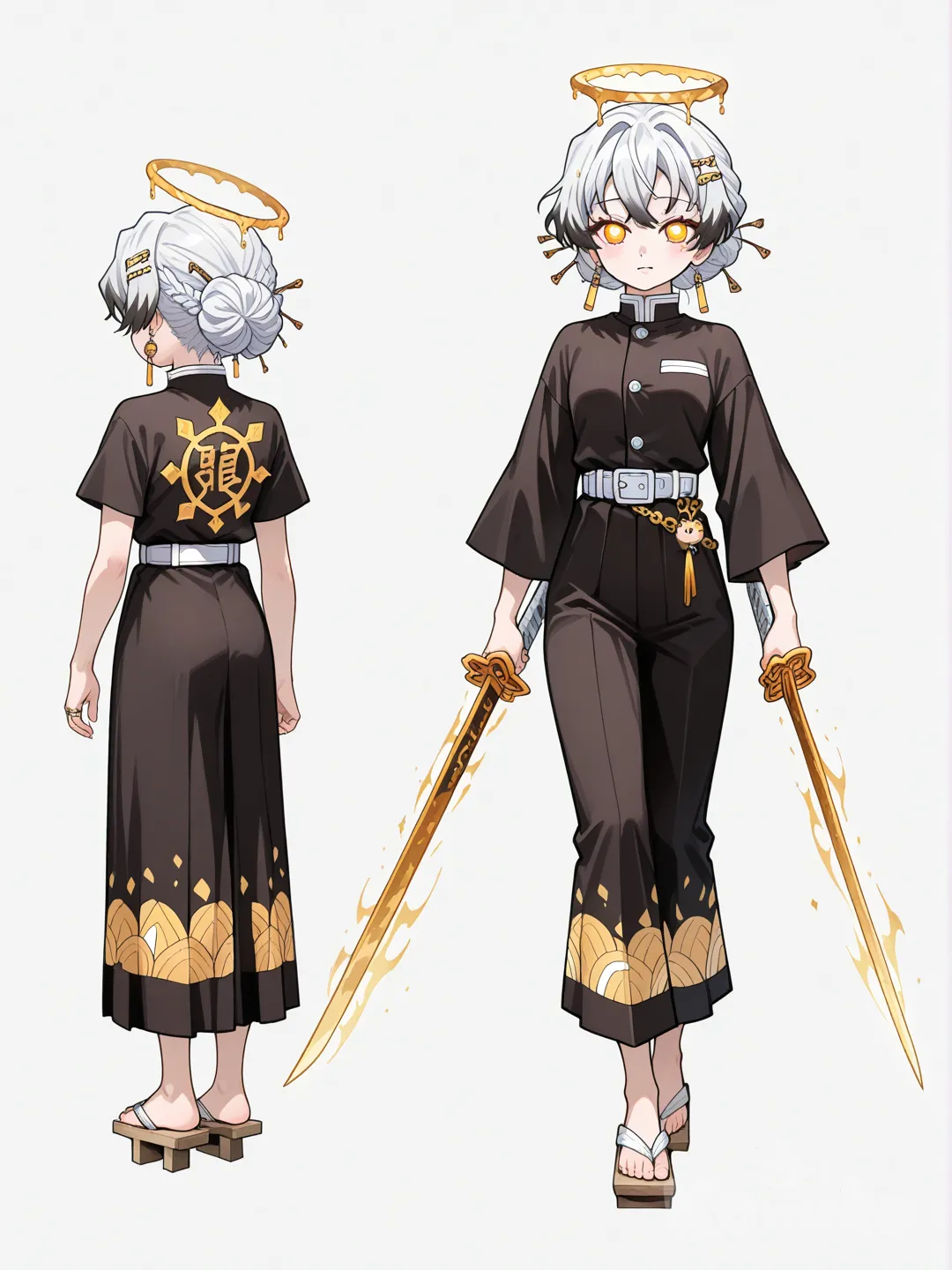 1girl, Demon Slayer style, original character in the world of Demon Slayer, child,ags 5 years old, slim, short, fair skin.

Hair:
A woman with silver-white hair that shines like moonlight.
It gives her an ethereal, peaceful look and makes her presence feel calm and almost otherworldly.
The color stands out beautifully and feels symbolic, like she brings light and guidance wherever she goes silver blonde.

hairstyles:
A soft, messy bun with a loose braided crown wrapping around the head.
Strands fall gently around the face, giving a warm, gentle look, while the braid adds a graceful,The style feels both relaxed and quietly divine.

Eyes:
Warm, honey-gold eyes that glow softly, giving her a comforting and gentle presence. They make her look kind, bright, and full of quiet warmth.

Accessories:
Her eyes have a soft, luminous honey-gold glow, and around each iris floats a delicate halo shaped like Saturn’s ring.
It isn’t solid—more like a faint, shimmering circle of light that curves around the iris, orbiting gently.
The halo becomes brighter when she feels strong emotions or uses her abilities, giving her a celestial, divine presence.

Uniform:
She wears the standard Demon Slayer uniform, but redesigned as a sleek, fitted dress instead of the usual pants.
The fabric is the classic deep black, tightly tailored to her waist and hips, with the traditional buttons and high collar intact so it still looks official.

The skirt is long but has high, clean slits on both sides, giving her full mobility in battle while adding a bold, elegant edge.
The sleeves stay fitted like the original uniform, keeping that crisp Demon Slayer look — just transformed into something far more striking and feminine.


Accessories:
She wears delicate, gold-toned accessories that enhance her divine, angelic baddie aura.
Tiny halo-shaped earrings glow softly, matching the thin golden waist belt that looks like a smooth celestial ring.
Light arm cuffs and subtle thigh jewelry add a holy-but-deadly flair, while small wing-shaped hair pins and a floating halo clip accent her braided-crown messy bun.
A simple gold choker with a tiny ring charm completes her upper look.

On her feet, she wears elegant white-and-gold geta, carved with faint celestial patterns, clicking lightly with every graceful step — giving her the presence of a heavenly warrior descending from above.

Weapon:
She wields a pair of elegant, slender blades, each designed with a glowing golden ring around the guard. Together, the two blades can interlock into a single circular halo weapon that she can spin or throw like a divine ring of death. Her strikes look fluid and celestial, as if she’s shaping light itself with every movement.
______________________________
Character sheet, Expressions, backwards, frontwards, sides,Weapons