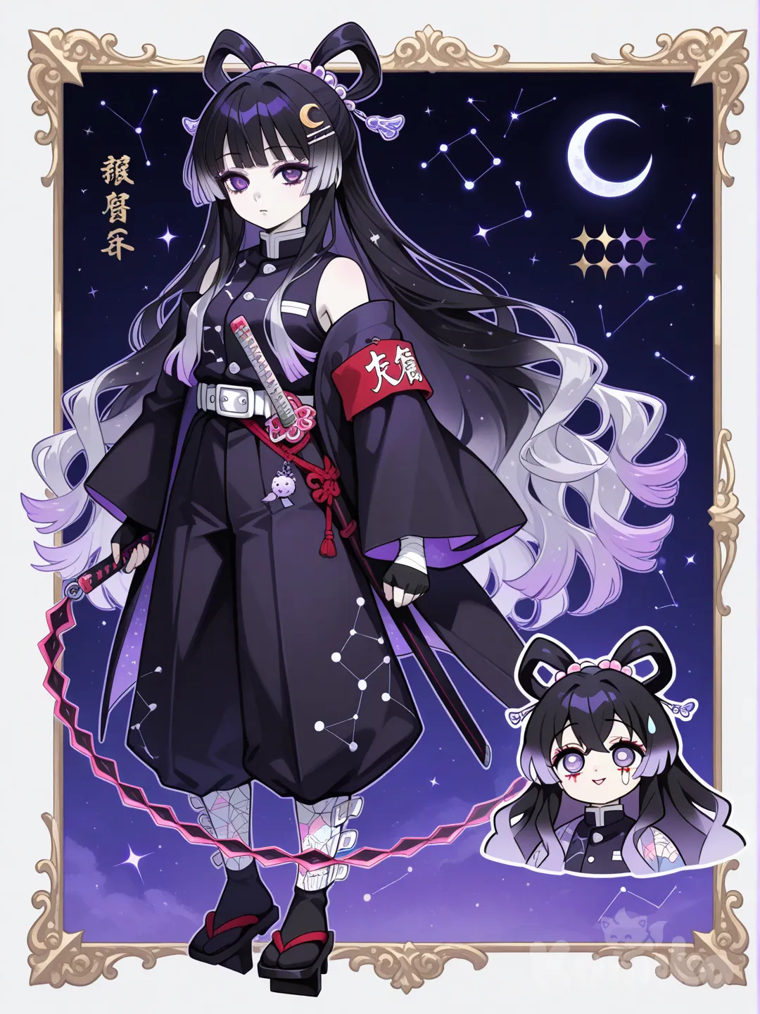 1girl, Demon Slayer style, original character in the world of Demon Slayer, teenager,age 16 years old, slim, short, fair skin.
Hairstyles:
Length: Long, reaching around mid-back
Texture: Big, voluminous fluffy curls that aren’t too tight — soft, bouncy, dramatic
Front: Blunt straight-across bangs that sit just above her eyes
Sides: Some curls frame her cheeks naturally
Movement: When she fights, the curls ripple and bounce, giving her a very lively battle silhouette
Hair color:
Base Color:
Obsidian black, deep and glossy, perfect for dramatic fluffy curls.
Mid-Layer / Hidden Streaks:
Cosmic purple streaks hidden inside the curls.
They’re not super thick — more like swirling ribbons that catch the light when she moves.
The purple has a soft silver shimmer, like starlight.
Bangs + Curl Tips:
Her bangs fade from black into shadow lilac, a light cool purple.
The tips of her curls also fade into lilac, tying the whole look together.
The lilac gives her hair a soft, magical vibe while the black keeps it fierce.
Eye shape:
Her eyes are a teardrop–crescent blend:
Wider at the top and gently narrowing toward the bottom (teardrop).
The upper lid curves softly like a crescent moon, giving her a calm, mystical look.
The shape makes her gaze appear gentle but focused, with a quiet strength.
Eye color:
Final Eye Color
Pale Lilac — soft, light purple that almost looks translucent.
How it looks on her:
The color catches light gently, giving her eyes a calm, ethereal glow.
With her crescent–teardrop eye shape, the pale lilac makes her gaze look mystical, dreamy, and a little otherworldly.
It blends beautifully with her purple–black–lilac hair palette.
Face:
Face Shape Summary
She has a soft heart-oval face with gentle roundness.
Soft cheeks with a little definition
Smooth oval outline
Slightly narrower, delicate heart-shaped chin
Overall look: gentle, pretty, and elegant
Face accessories:
Red Under-Eye Makeup Design
She wears a soft, thin red line along her lower eyelid, following her teardrop-crescent eye shape.
The red is not harsh — more like a gentle, cute pop of color.
It makes her pale lilac eyes stand out even more.
At the outer corners, the red tapers into a tiny soft wing, giving her a sweet but intense look.
With her cosmic accessories, the red adds a warm touch to balance all the cool lilac and silver tones.
Hair accessories:Hair Accessories Summary
Silver crescent-moon clip on the side of her bangs
Opal beads scattered through a few curls, shining like tiny stars
Constellation-shaped pin tucked into her hair
Small silver hair rings placed in some curls or a thin braid
Her hair has a soft, celestial night-sky vibe.
Uniform:
Sleeveless dark-purple top with black panels
Silver shooting-star lines down the sides
Detached black sleeves with faint star patterns
Lilac arm wraps between the top and sleeves
Tapered slayer pants with lilac side stripes
Traditional black geta with lilac straps
Dark gray belt with a small crescent buckle
Overall vibe: sleek, cosmic, and agile with a traditional touch.
Haori style:
Haori Summary
Split design:
Left side: black
Right side: deep purple fading to lilac
Left side details:
Lilac constellation-like lace patterns
Soft purple + silver nebula swirls
Tiny star clusters
Right side details:
Gradient from deep purple to pale lilac
Falling-star patterns
Light nebula swirls
Sleeves:
Wide and flowing
One black with constellations
One purple with falling stars
Back:
Large silver crescent moon made of constellation lines
Soft nebula glow around it
Overall: A cosmic, elegant haori that looks like a piece of the night sky.
Uniform accessories:
Uniform Accessories — Summary
Your character’s uniform is decorated with a balanced mix of elegant and practical accessories:
Red rope ties wrapped neatly around her detached sleeves and waist, adding a warrior vibe.
Small silver moon charms dangling subtly from the rope or sewn onto the uniform edges.
A sleek utility belt for carrying small items, lightweight and fitted so it doesn’t distract from the outfit’s flow.
Fingerless gloves for grip but still stylish, matching the red accents.
Decorative arm bands on each upper arm, black with thin red or white borders.
A tiny hidden pouch on the hip for small personal items.
Weapon:
Segmented Moon Whip-Sword (Summary)
A Nichirin sword that can switch between a solid blade and a flexible segmented whip.
When solid: looks like a slim, elegant sword with star engravings.
When released: breaks into connected metal segments that move like a whip.
Attacks are graceful, wide, and flowing, almost like a dance.
Handle wrapped in red rope with a tiny moon charm at the end.
Perfect for someone with a flexible, fluid fighting style.
__________________________________
Character sheet,weapons, accessories, expressions,back, front,and sides