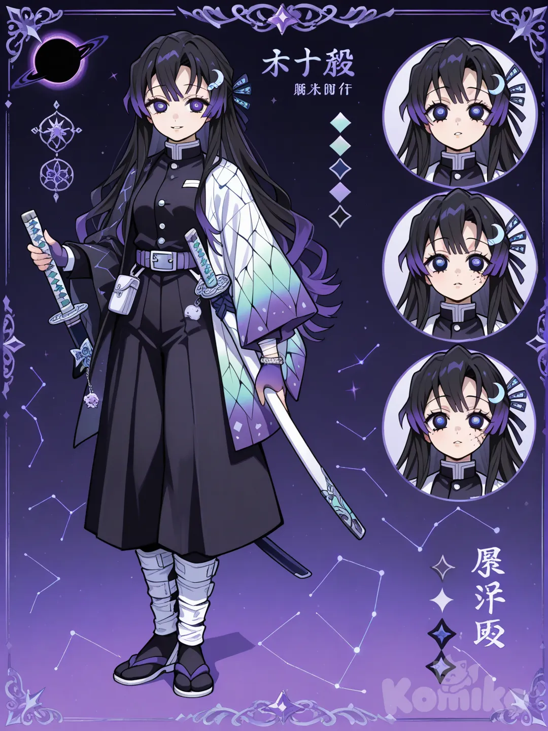 1girl, Demon Slayer style, original character in the world of Demon Slayer, young adult,age 20 years old, slim, short, fair skin
Hair:
Length: Long, flowing to her mid-back
Texture: Silky straight with light, airy layers
Color: Deep black that fades into violet and navy at the ends
Hidden Colors: Soft teal and purple streaks under the top layer
Eyes:
Color: Deep violet
Outer ring: Black ring representing a black hole’s edge
Inner shine: Soft blue glow
Shape: Calm, almond-shaped
Extra: When she focuses, her eyes look like they’re pulling light inward
Face:
Face shape: Rounder and gentle
Cheeks: Slight natural softness
Nose: Button-like but elegant
Lips: Soft shape, naturally calm smile
Vibe: Quiet but warm, approachable
Face shape: Soft diamond
Jawline: Narrow and smooth
Nose: Small and sharp
Lips: Thin, neutral expression
Vibe: Quiet, observant, powerful without trying
Uniform:
Base: Standard Demon Slayer uniform
Color: Black with faint navy + violet stitching
Sleeves: Slight gradient from black → deep purple
Accents: Silver buttons shaped like tiny circles (event horizon symbol)
Extra: The collar has a subtle starlight shimmer
Base: Slim, tailored uniform
Collar: Slightly higher with thin silver piping
Sleeves: Tapered, with purple crescent designs
Buttons: Small white star-shaped buttons
Extra: Light, subtle constellation pattern on the uniform’s back
Haori:
Color: Pure black on the outside
Inside lining: Deep purple galaxy with faint stars
Back design: A simple white spiral (black hole symbol)
Edges: Thin silver trim that glows faintly in moonlight
Vibe: Elegant, clean, intimidating
One sleeve super long the other is folded up
ACCESSORIES:
A small side braid with a hollow-circle charm
Hidden silver star clips
A thin moon-shaped hair ring on one strand
A dark blue silk ribbon tied into part of her hair
Neck & Collar
A black choker with a silver ring
A thin star-pendant necklace
Arms & Hands
Black fingerless gloves with purple seams
A silver ripple-pattern wristband
Light arm wrappings for grip and style
Waist & Belt
A wide deep-purple belt
Small star talisman on her hip
A pouch with tiny constellation embroidery
Footwear
Dark navy ankle straps
Small hidden silver charm inside one boot
Weapon Aesthetic
A spiral-engraved sheath
A crescent-moon charm hanging from it
Indigo handle wrap with silver-thread details
A small galaxy-colored braided cord at the pommel
Personal Items
Her small astronomy notebook
A tiny pocket star-map charm
A smooth obsidian bead she keeps for comfort
_____________________________ character sheet, expressions,back,front,sides,weapons, etc