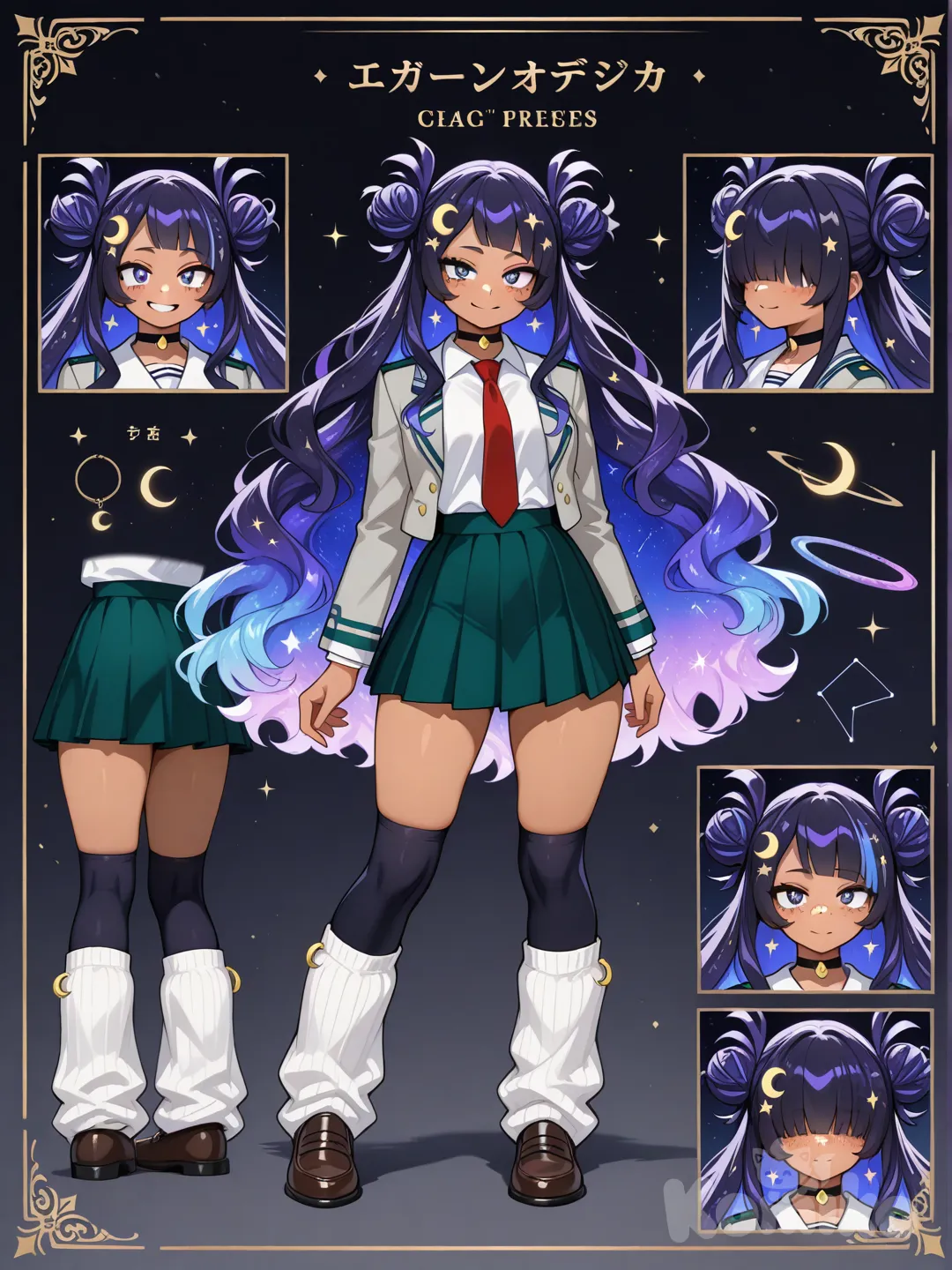 1girl, My Hero Academia style, original character in the world of My Hero Academia, teenager,Age 17 years old , slim, short, curvy, athletic, DARK SKIN skin.

Hair:

Nebula Puff Buns

Buns are HUGE and cloudlike, super fluffy

The rest of her hair falls to her waist in thick waves

Ombre colors (example: dark black → purple → blue) like a nebula

Tiny glowing flecks in her buns (like tiny star crystals)Big puffy bangs over eyes.

Vibe: space princess

Star buns but extra puffy, like cotton candy clouds shaped into stars

Two thick side bangs framing her face

Back hair super long and wavy like a nebula flow

Small glowing strands that light up when she uses her quirk

Vibe: Cute, space-fairy aesthetic.

Sharp Cosmic Star Buns + Straight Long Hair

The star buns are more defined with pointed tips

VERY BIG AND PUFF 

Hair slightly floats when using Lunar Pull

Vibe: Elegant, powerful, cosmic warrior.

Hair has to be over eyes.

Face:
Cosmic Gradient Skin Highlights

A faint gradient on her cheeks or temples (purple → blue → black)

Looks like stardust brushed across her face

Reflects light beautifully under her hair

Vibe: Ethereal, dreamy, otherworldly

Crescent Cheek Marks

Two crescent-moon shaped marks under her bangs

Glows slightly whenever she activates Lunar Pull

They help show her emotions since her eyes are hidden

Vibe: Calm, lunar, elegant

Star Freckle Constellations

Small freckles shaped like constellations across her cheeks and nose

A few freckles glow faintly when she uses her quirks

Makes her look magical even without eye contact

Vibe: Soft, celestial, mysterious

ACCESSORIES:
Planet Choker

A thin black choker with a floating ring design like Saturn.

Could react to her Mini-Orbit spheres

The ring slightly spins (quirk tech)

Vibe: Stylish + sci-fi.

Crescent Moon Ear Cuffs

No piercings needed — they hug the ear like moon crescents.

Glow when her gravity quirk activates

Can have tiny dangling “planet charms”

Vibe: Elegant + cosmic.

Star Clip Set (Behind the Bangs)

Small metal star pins hidden in her hair to keep her long bangs in place.

Gold, silver, or holographic

They shimmer when she uses Starforge

Some could be shaped like tiny constellations

Vibe: Pretty + practical.

Uniform:
Top:
A light gray blazer with dark teal-green trim. Under it, a white button-up shirt with a red necktie.

Bottom:
A dark green pleated skirt that matches the trim of the blazer.

Socks/Legwear:
Usually black knee-high socks, though some students wear tights or shorter socks,White big fluffy leg warms.

Shoes:
Standard brown loafers worn by all U.A. first-year students.

Extras:

The blazer has the U.A. school emblem on it.

Students can add small accessories (hair clips, subtle jewelry), but nothing that breaks school rules.

Signature things:

Her hair is big ans fluffy and covers her eyes completely and messy star shaped buns.
_____________________________
character sheet, expressions, poses, back,front,sides.