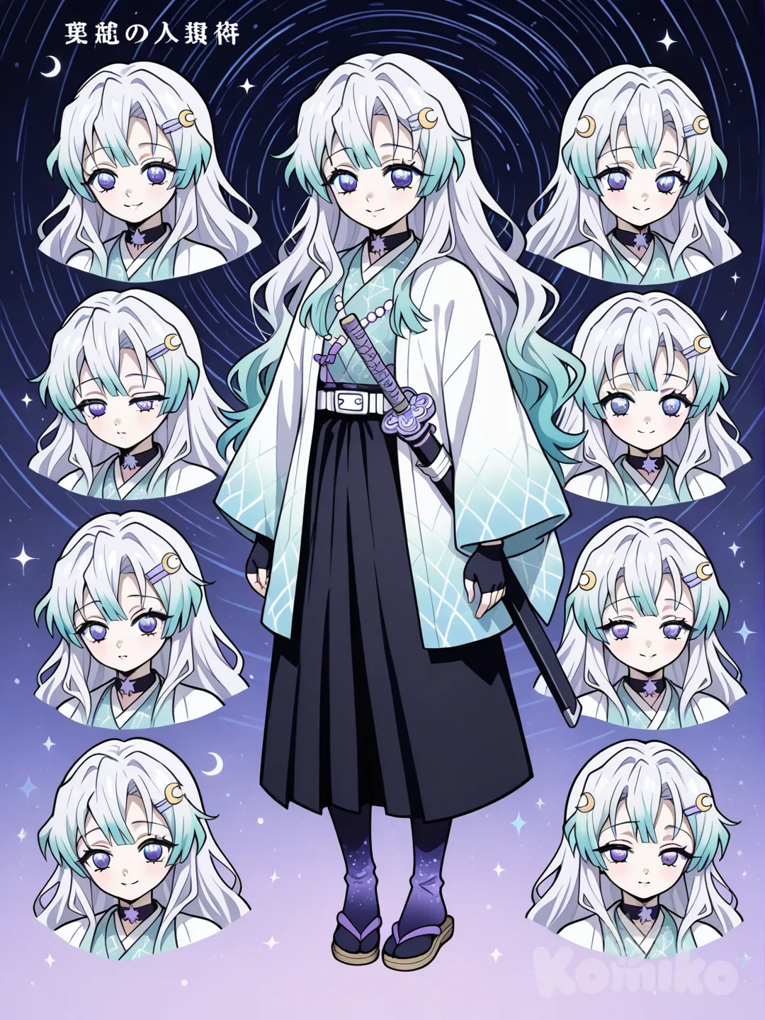 1girl, Demon Slayer style, original character in the world of Demon Slayer, child,Age 6 years old, short, slim, fair skin.
Designs:Overall Vibe
Soft, calm, and dreamy
Quiet starry + mist aesthetic
Looks gentle but clearly dangerous when serious
---
Hair
Base color: Silvery-white
Gradient tips: Pale lavender fading into cool mint/teal (very subtle)
Texture: Slightly wavy, fluffy, and airy
Length: Shoulder-length (can grow longer when older)
Details:
One small crescent-moon hair clip on one side 🌙
A thin braid hidden near the ear with a tiny star charm at the end
---
Eyes
Color: Soft turquoise mixed with lavender (almost galaxy-like)
Pupils: Slightly star-shaped when emotional or focused ✨
Long lashes, sleepy-looking eyes most of the time
Expression usually calm or blank—but VERY intense when serious
---
Face
Pale skin with light freckles across the nose
Soft rounded cheeks
Small mouth, rarely smiles—but when they do, it’s precious 🥺
Always looks a little tired or distant
---
Uniform / Outfit
Modified slayer uniform:
Top: White haori-style jacket with black trim
Inner lining has a star + mist pattern
Bottom: Dark pleated hakama with subtle shimmer
Socks: Gradient purple-to-blue with tiny star dots
Sandals: Simple but elegant, darker wood
---
Accessories
Star-shaped choker or necklace (family heirloom energy ⭐)
A small charm tied to their sword hilt (moon or comet themed)
Fingerless gloves with light purple stitching
---
Weapon (optional but fun)
Slim nichirin blade
Blade color: Pearlescent teal with faint lavender glow
Guard shaped like overlapping crescent moons
When swinging, the blade leaves a misty, starlike trail
---
Personality (design-reflected)
Quiet, observant, and emotionally soft
Extremely loyal
Bottles emotions until they explode in battle
Has a calming presence—but terrifying focus when protecting someone
Colors:
Main colors
Silvery white (hair base / haori)
Foggy lavender
Cool mist blue
Accent colors
Pearl gray
Soft lilac
Faint glow white
🩵 Feels gentle, quiet, and dreamy
___________________________
Character sheet, expressions,full body,front, back,sides,Weapons,Colors,Manga Concept Design,Etc