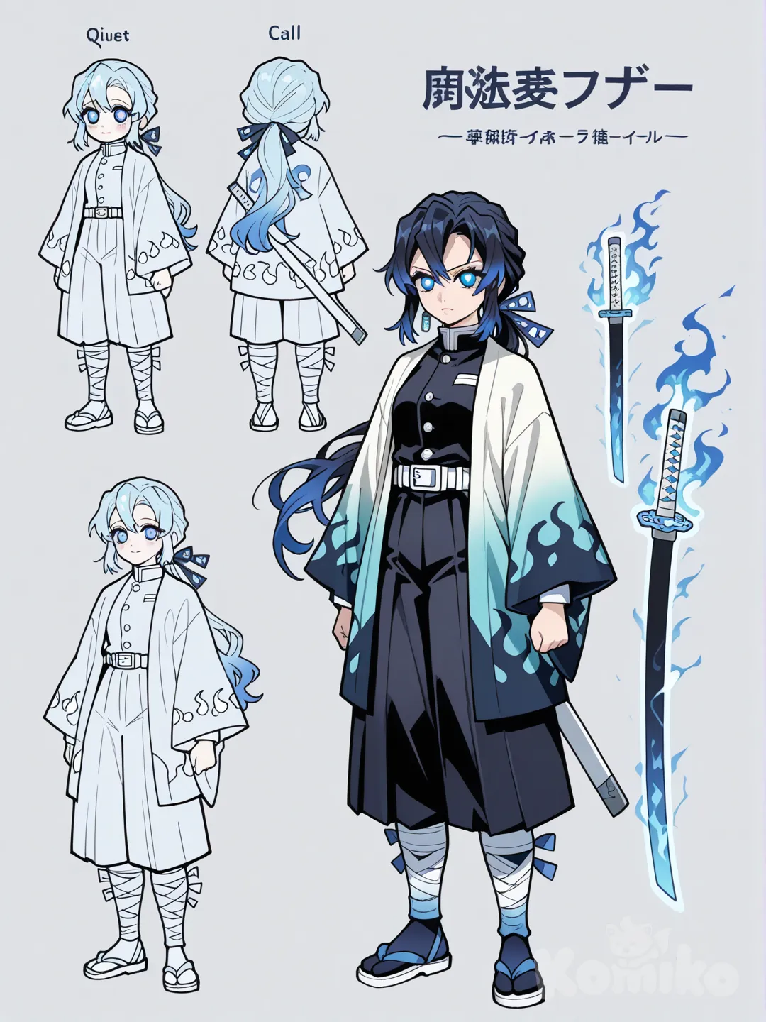 Overall Vibe
Calm intensity. She looks composed and quiet, but there’s a dangerous heat beneath the surface, like a blue flame that burns hottest when controlled.
Hair
Color: Icy blue at the roots fading into deep sapphire at the tips (blue flame gradient)
Style: Long and layered, usually worn half-up with a low tie so it flows freely in battle
Details: A few shorter face-framing strands that glow faintly blue when she fights
Eyes
Color: Pale gold with a blue ring around the pupil
When using Blue Flame Breathing, the gold dims and the blue intensifies, almost glowing
Expression is usually neutral or gentle, but sharp when focused
Demon Slayer Uniform
Standard black uniform, but:
The fabric has a subtle blue sheen
Buttons are silver instead of gold
Sleeves slightly looser for fluid movement
Haori
Base color: Deep midnight blue
Pattern: Blue flame motifs along the hem and sleeves, fading upward like fire losing oxygen
Inner lining is pale gold — a quiet nod to warmth beneath the cold exterior
The flames are sharp and elegant, not wild
Nichirin Sword
Blade color: Brilliant blue with a white-hot core line running down the center
Guard: Stylized flame shape, thinner and more angular than traditional flame guards
When she draws the blade, it emits a soft blue glow, no sparks — just heat
Accessories
Small flame-shaped hairpin (blue crystal)
Simple silver earrings
No excessive decoration — she prefers practicality

Overall Vibe
Calm, intense, and controlled
Quiet strength rather than explosive power
Feels like a cold night fire—beautiful, dangerous, unwavering
Hair
Long, flowing hair reaching mid-back
Icy blue at the roots → deep sapphire at the tips, like blue flames burning hotter the longer they burn
Subtle flame-shaped layers at the ends
Usually worn half-up with a simple ribbon or clasp shaped like a flame or crescent
When fighting, loose strands glow faintly blue under moonlight
Eyes
Bright electric blue irises with a lighter ring near the pupil
When using Blue Flame Breathing, the eyes appear to “spark,” like embers turning white-blue
Calm gaze, but piercing—very focused
Expression & Presence
Rarely smiles, but when she does it’s soft and genuine
Serious, composed, emotionally restrained
Carries herself with quiet confidence, never loud or flashy
Uniform
Standard Demon Slayer uniform in deep navy or charcoal black
Buttons and stitching subtly tinted silver-blue
Slim, practical silhouette—built for speed and precision rather than brute force
Haori
Long, flowing haori that moves like smoke
Color gradient:
Dark midnight blue at the shoulders
Fading into pale blue and silver near the hem
Flame patterns along the edges, but thin and sharp, like blue fire cutting through air
Inside lining patterned with faint stars or constellations (a subtle nod to her mother)
Footwear & Accessories
Traditional sandals with blue cords instead of white
Leg wraps lightly patterned with flame or star motifs
Small charm tied to her sword or belt—simple, meaningful, never flashy
Nichirin Sword
Blade color: luminous blue, almost white at the center
The edge looks slightly translucent, like burning air
Guard shaped like a stylized flame or crescent-flame hybrid
When using techniques, the blade leaves a blue afterimage, like fire frozen in motion
Blue Flame Breathing Visuals
Flames are:
Narrow
Sharp
Quiet
No roaring fire—just intense, controlled heat
Blue flames spiral tightly around her movements, never spreading wildly
Symbolic Design Meaning
Blue flames = hotter, calmer, more disciplined fire
Star accents = legacy, guidance, remembrance
Her design balances grief turned into control and love turned into strength

_____________________________________
Character Sheet,full body,sides,front to back, weapons, expressions