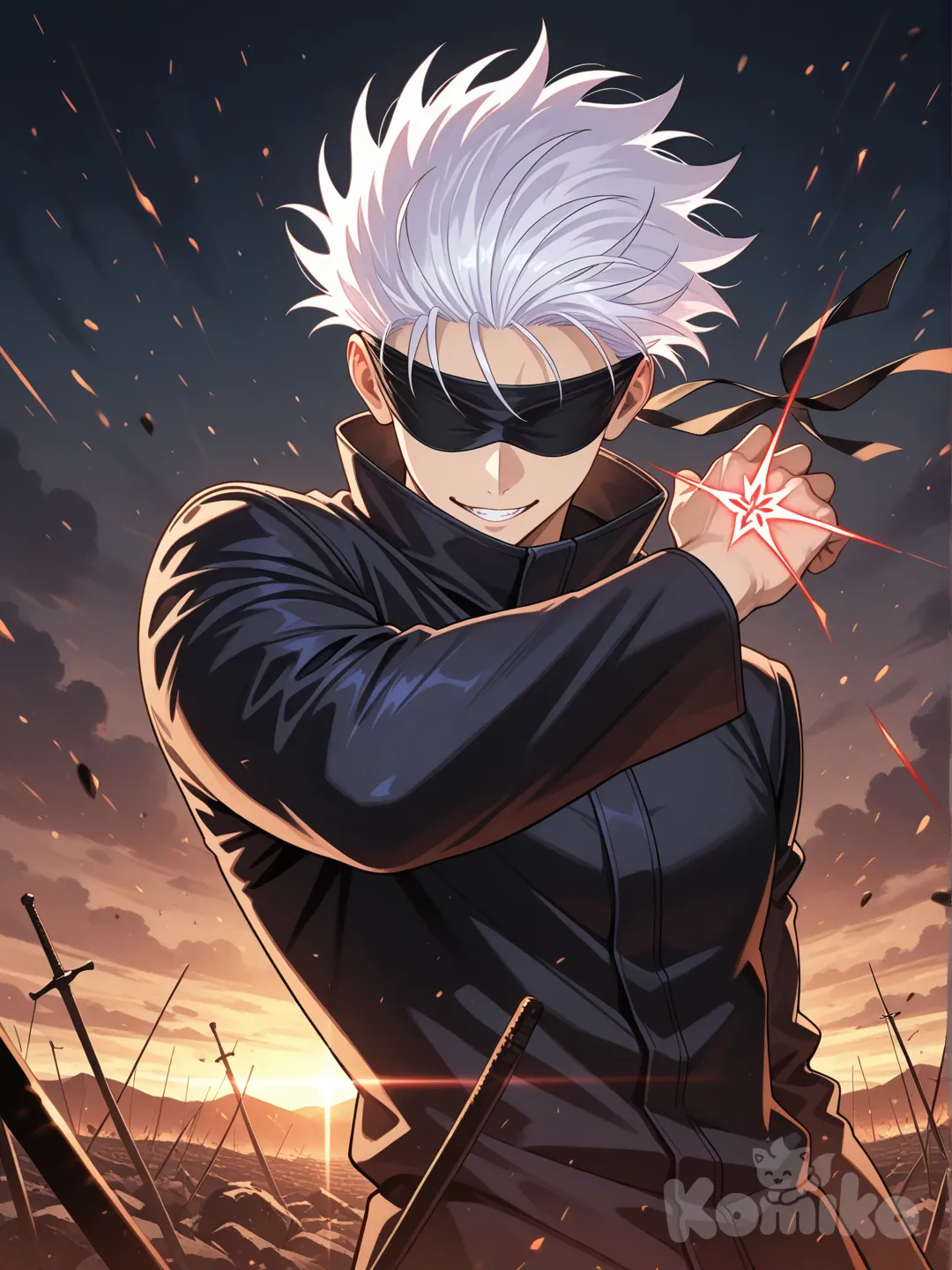 fate anime style character, heroic pose, anime art, epic scene, Gojou Satoru