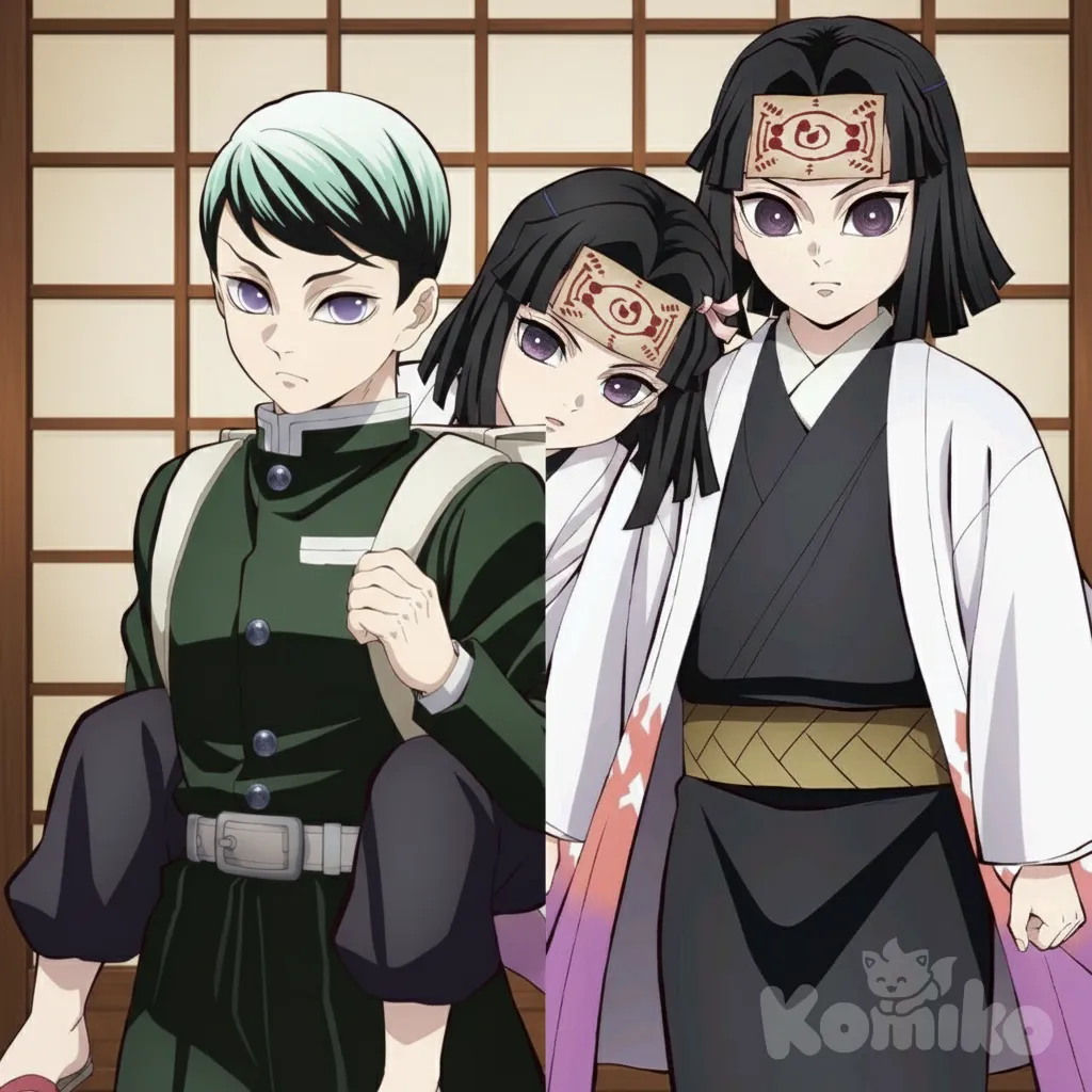 kimetsu no yaiba, aslo a ambos juntos el peliverde cargando en su espalda al pelinegro quien está totalmente apoyado en la espalda del peliverde, pelinegro tiene expresión vulnerable pero tierna, y el peliverde una mirada determina