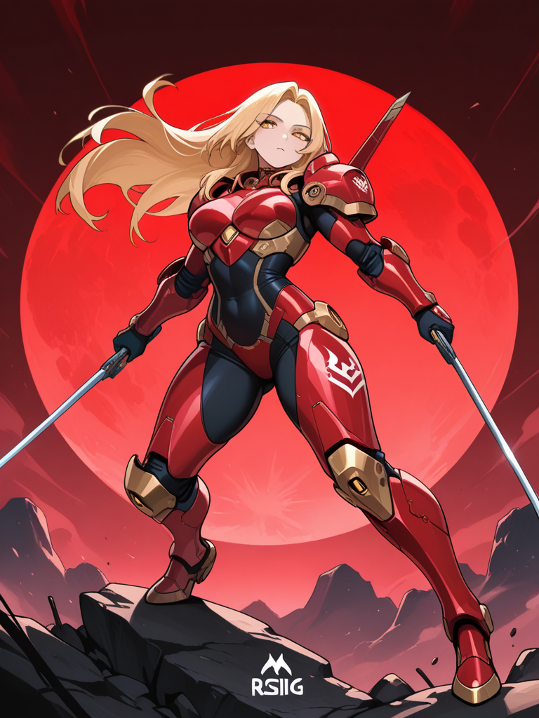 1girl, adult woman, power armor, wolf designed armor, blonde hair, long hair, gold eyes, dual wielding swords, science fiction, red rising book seried