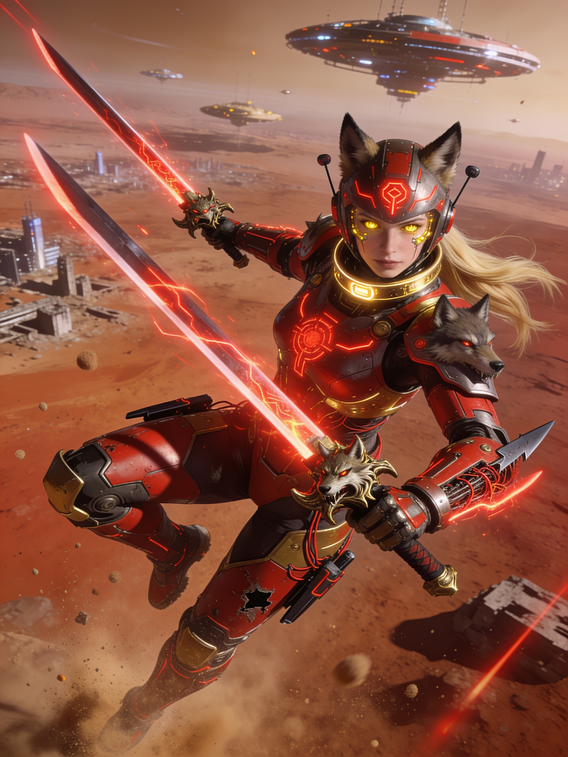 1girl, adult woman, power armor, wolf designed armor, blonde hair, long hair, gold eyes, dual wielding swords, science fiction, red rising book seried