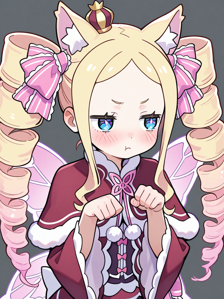 beatrice (re:zero), picked up like a cat, pouting expression