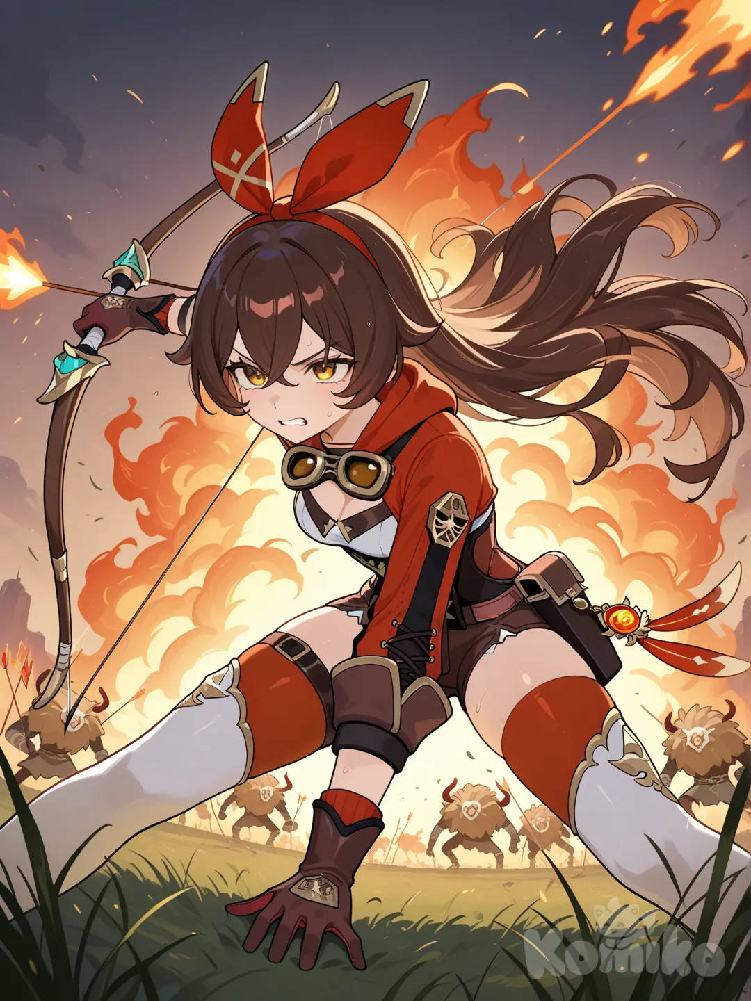 @Amber_(Genshin_Impact) стреляет из лука по разным монстрам, повсюду огонь, а на её лице видно напряжение, ожесточенная схватка с монстрами, окружившими её, сражение происходит на поле