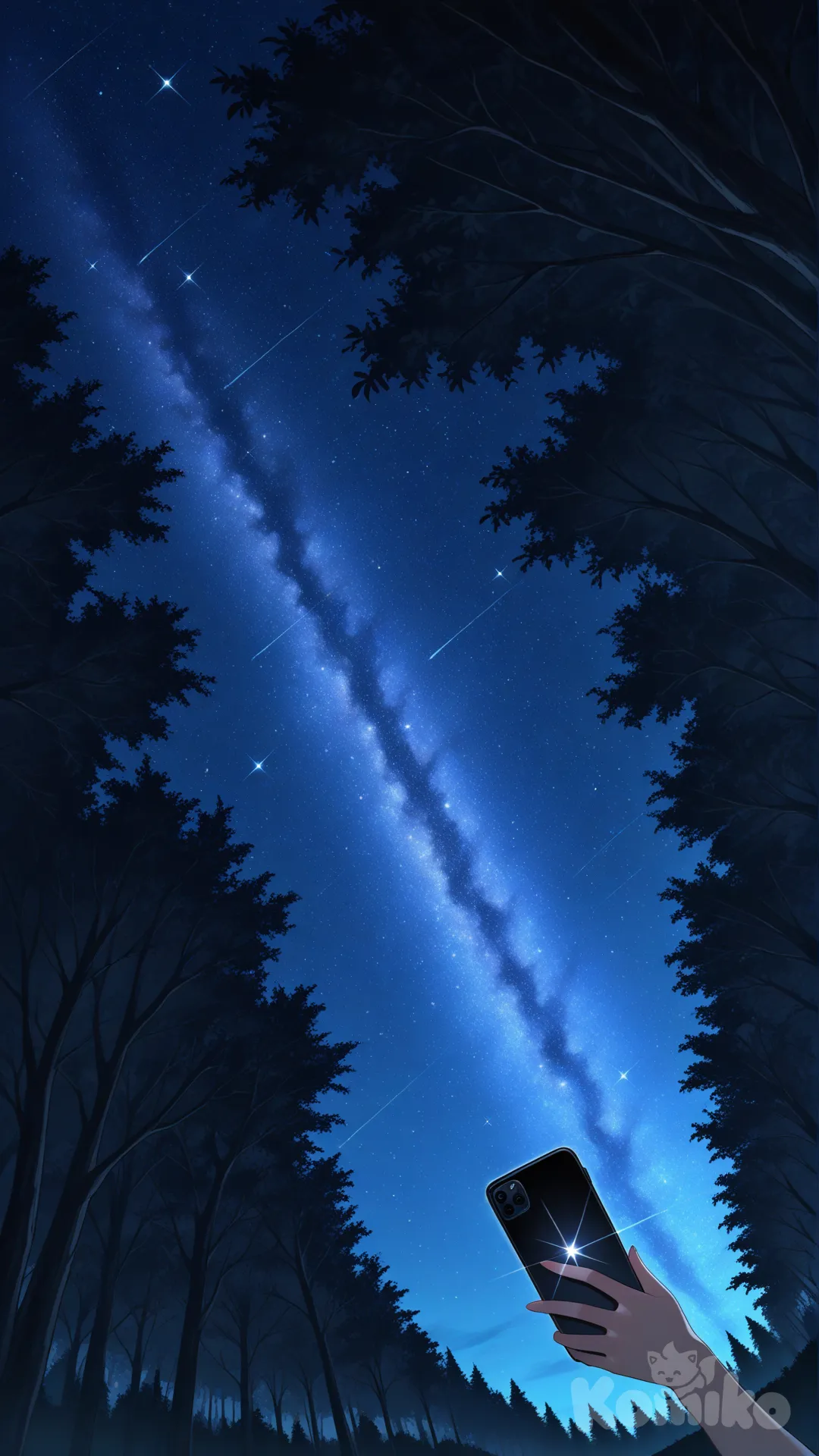 @Azami, selfie, ultra-wide shot, top light, night, forest