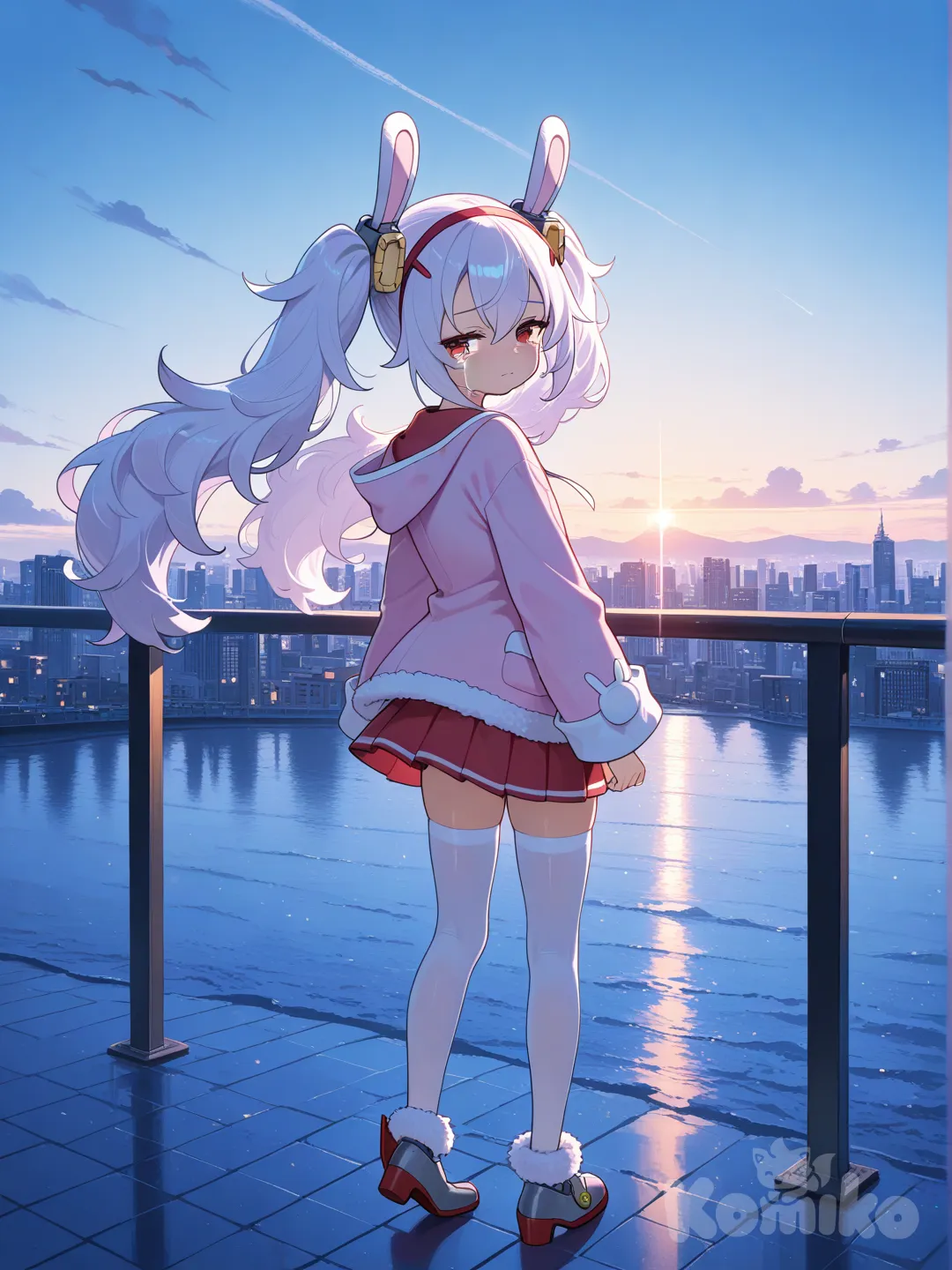 @Laffey_(Azur_Lane), looking back, crying, full body, looking away, backlight, city lights, blue sky, clean background
