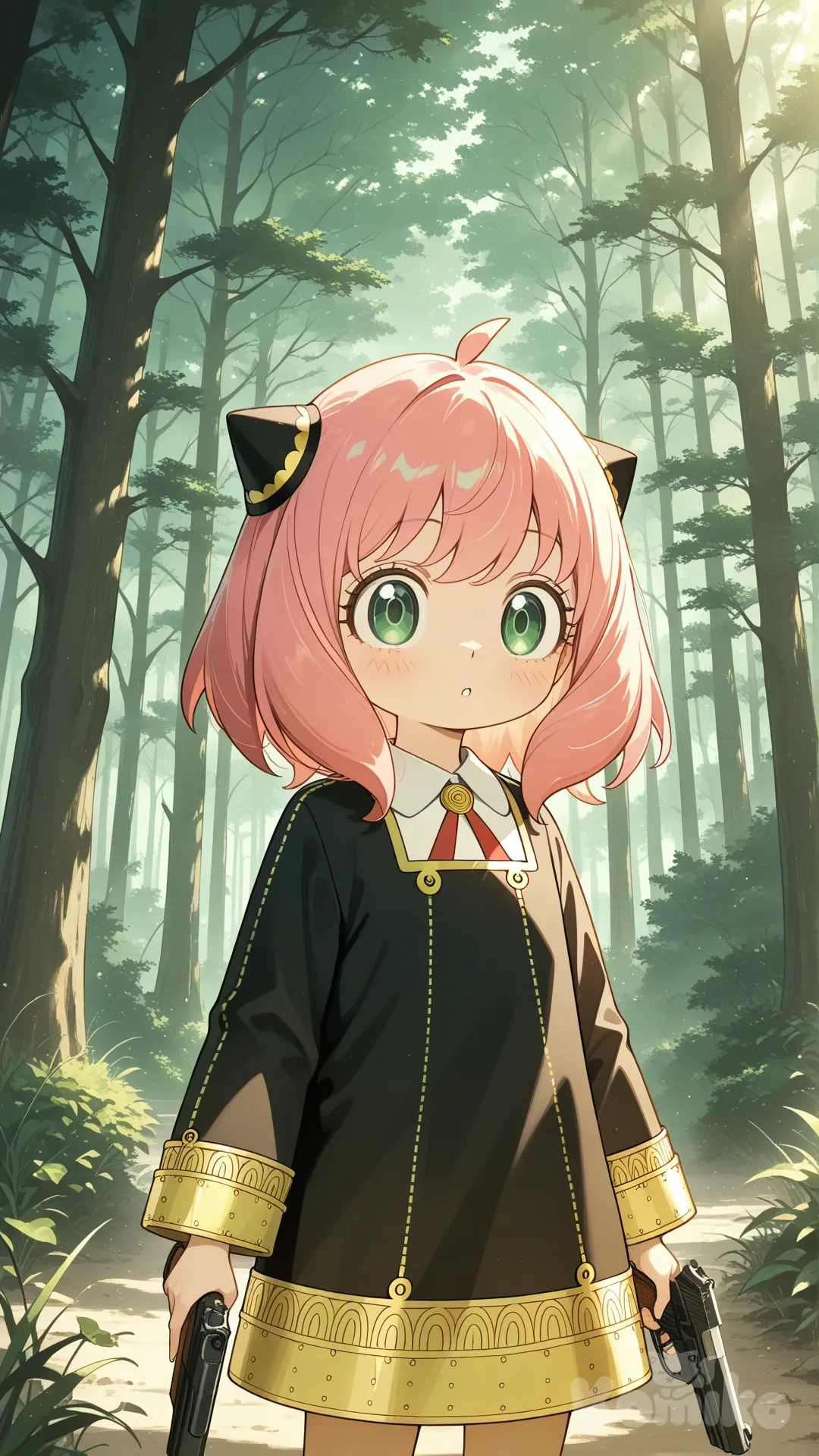 1girl, @Anya_(Spy_X_Family), holding gun, cowboy shot, top light, side light, forest