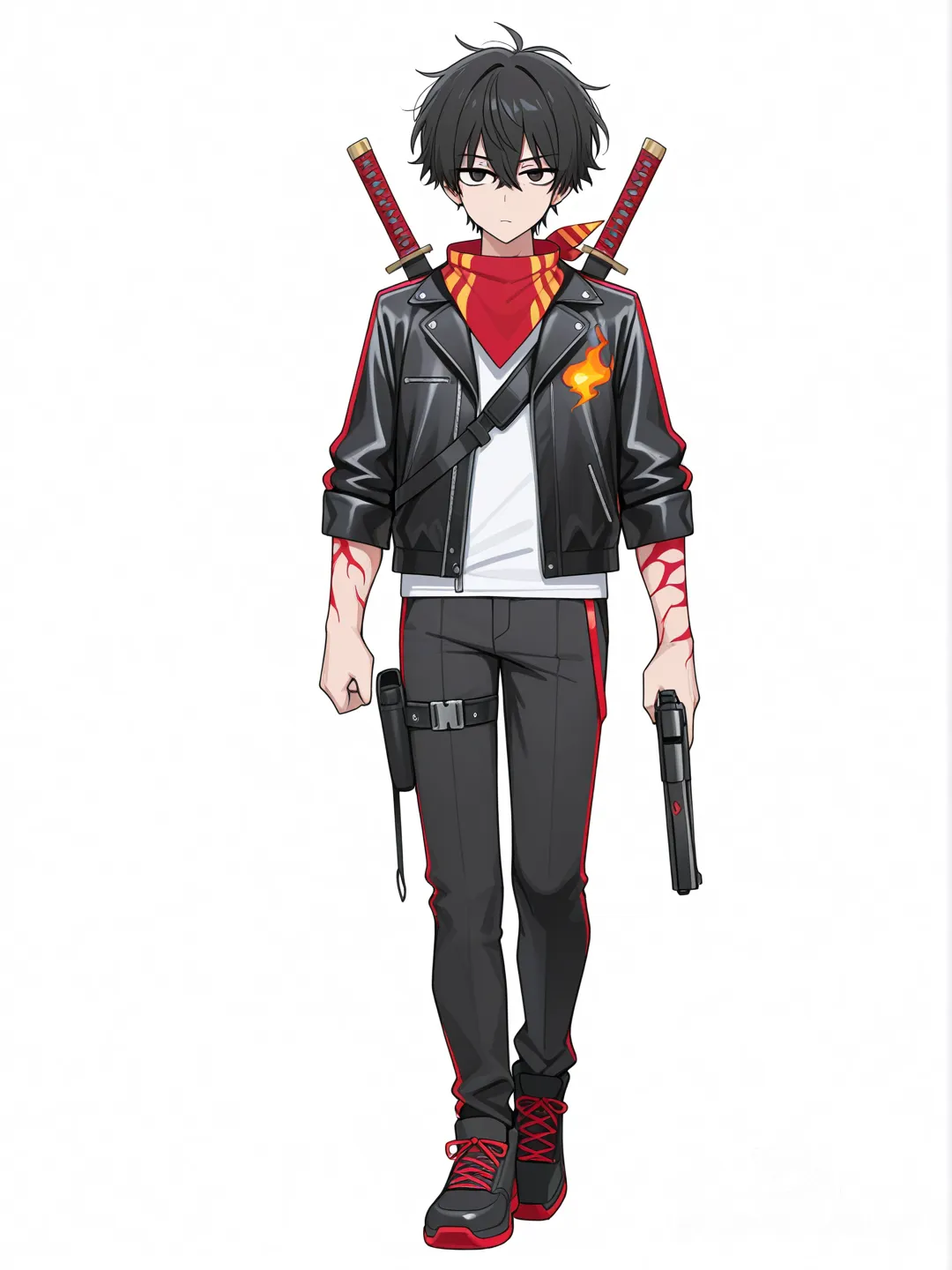[toon-shaded-style] 1boy, black messy hair, black leather jacket, red stripes, side stripes, bandana around neck, black pants, red and black shoes, young adult, dual katanas on back, single pistol on right leg, demonic flames on right arm, angelic light on left arm, single character, full body, looking at viewer, anime style, simple background, white background