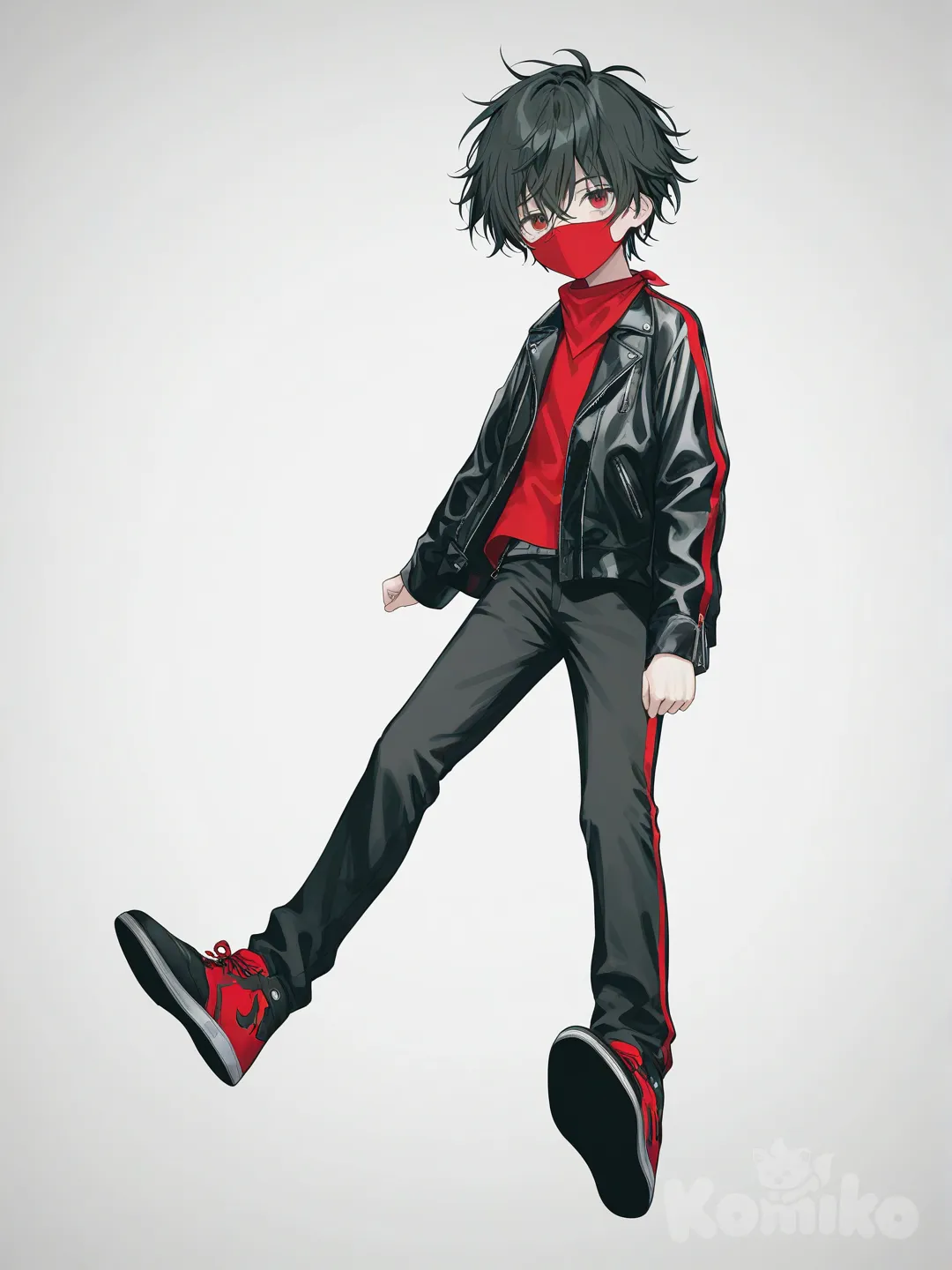 [soft-pastel-style] 1boy, black messy hair, black leather jacket, red stripes, side stripes, bandana mask, black pants, red and black shoes, young adult, single character, full body, looking at viewer, anime style, simple background, white background