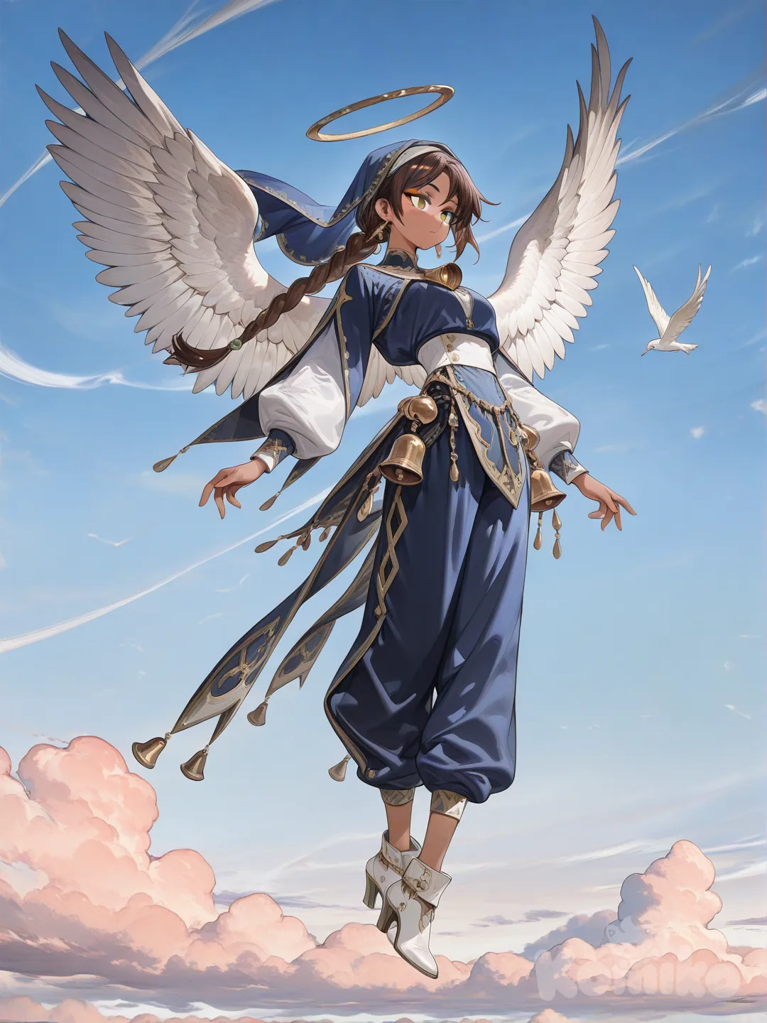 Blue veil, head cover, royal sister, super tall, green eyes, skin color is tan brown, blue outfit, long sleeves, white high heel boots, super long legs, exaggerated body proportions,muscular_female, 1girl, big muscles,Earrings, long brown hair, hair braided into ponytail, blue Pants, bell bottoms, high heels, angel wings, flying, blue skies , [high-gloss-illustration-style], full body