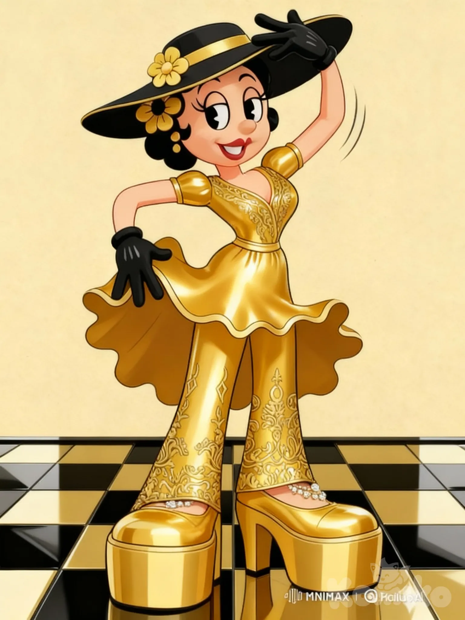 lady in gold with big shoes (1930s toon)