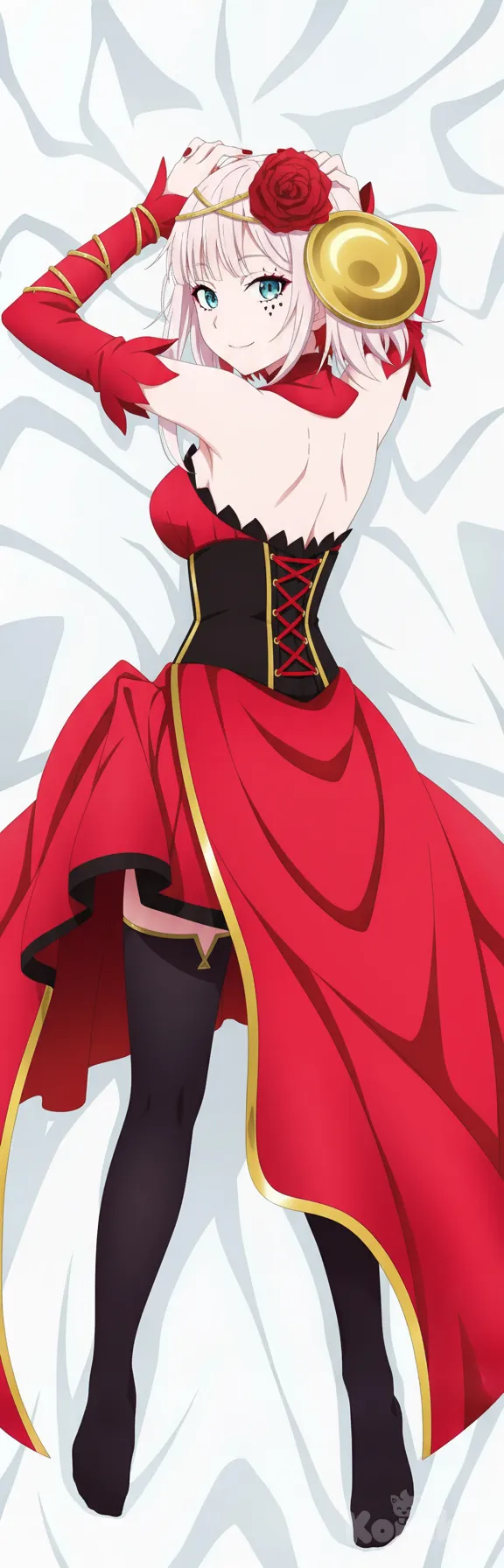 dakimakura (object), looking back, light smile, hands up, upskirt, back