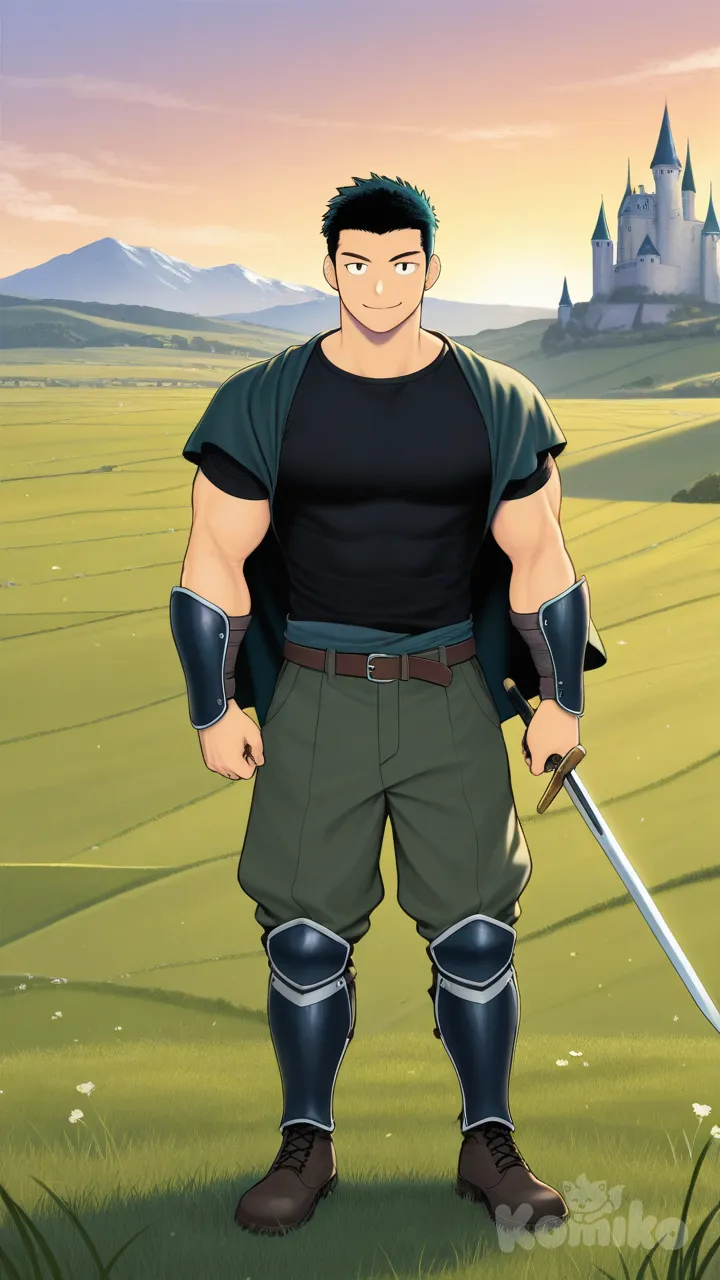 1boy, anime coloring, holding sword, smile, t-shirt, Poncho, cloth pants, combat boots, arm guards, Arm legs, field, castle, Muscular, defined body, tsukudani (coke-buta)
